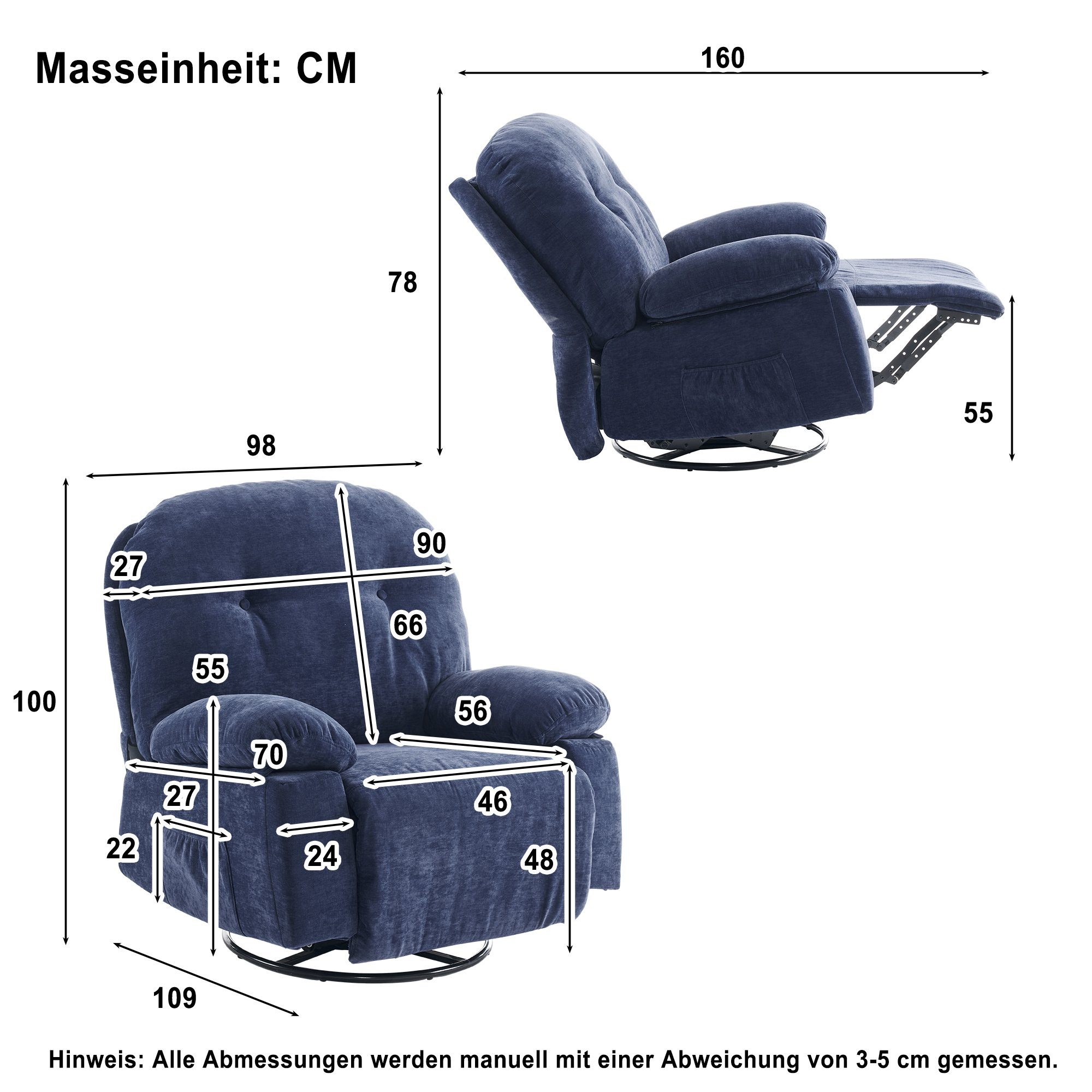 und TV-Sessel Merax mit mit 360° Massagessel Blau Vibration mit Timer, elektrisch Fernbedienung, Fernsehsessel und Relaxsessel Wärmefunktion, Drehfunktion