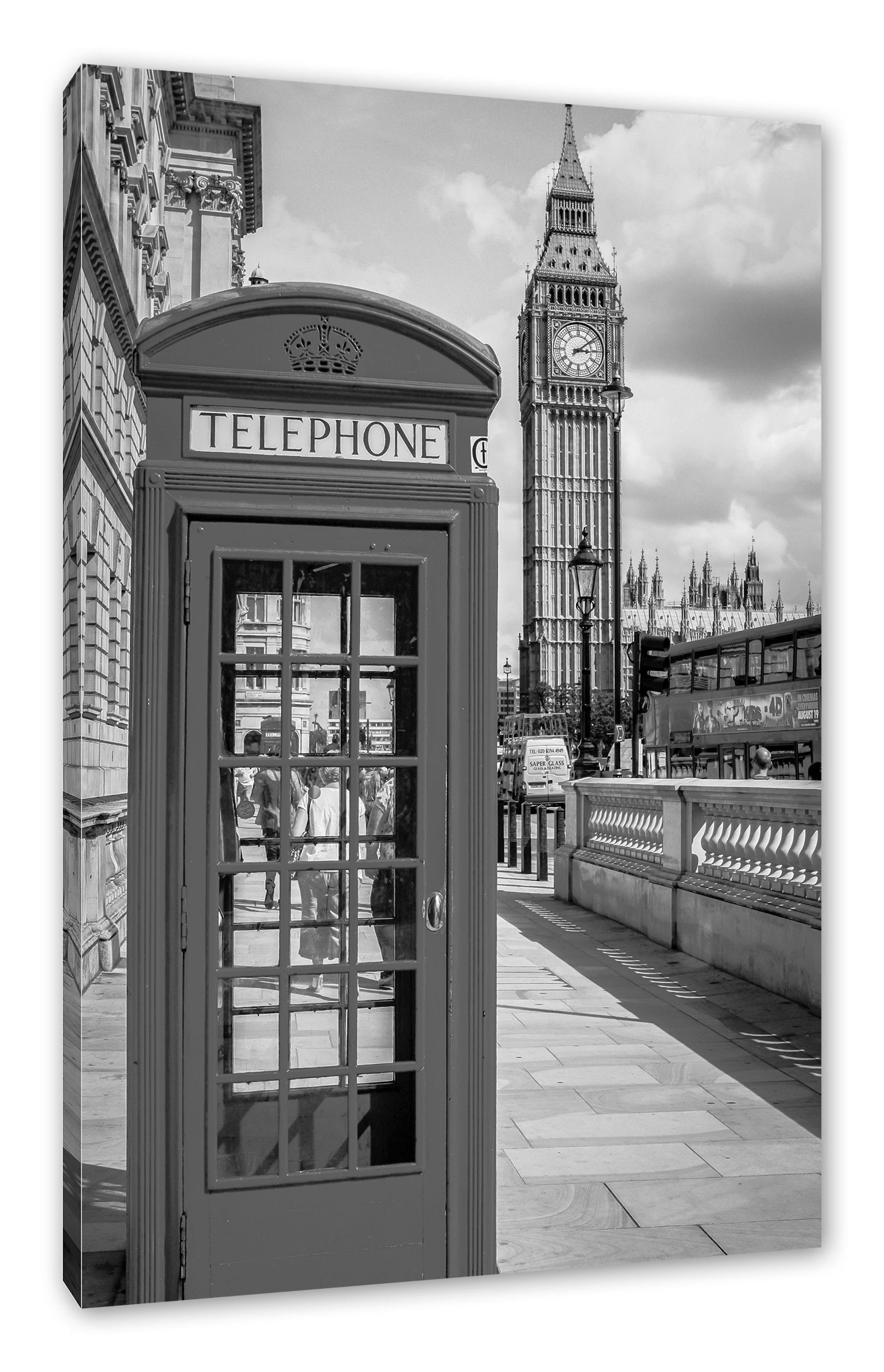 (1 London London, bespannt, inkl. Telefonzelle in Leinwandbild Zackenaufhänger Pixxprint in fertig Leinwandbild St), Telefonzelle