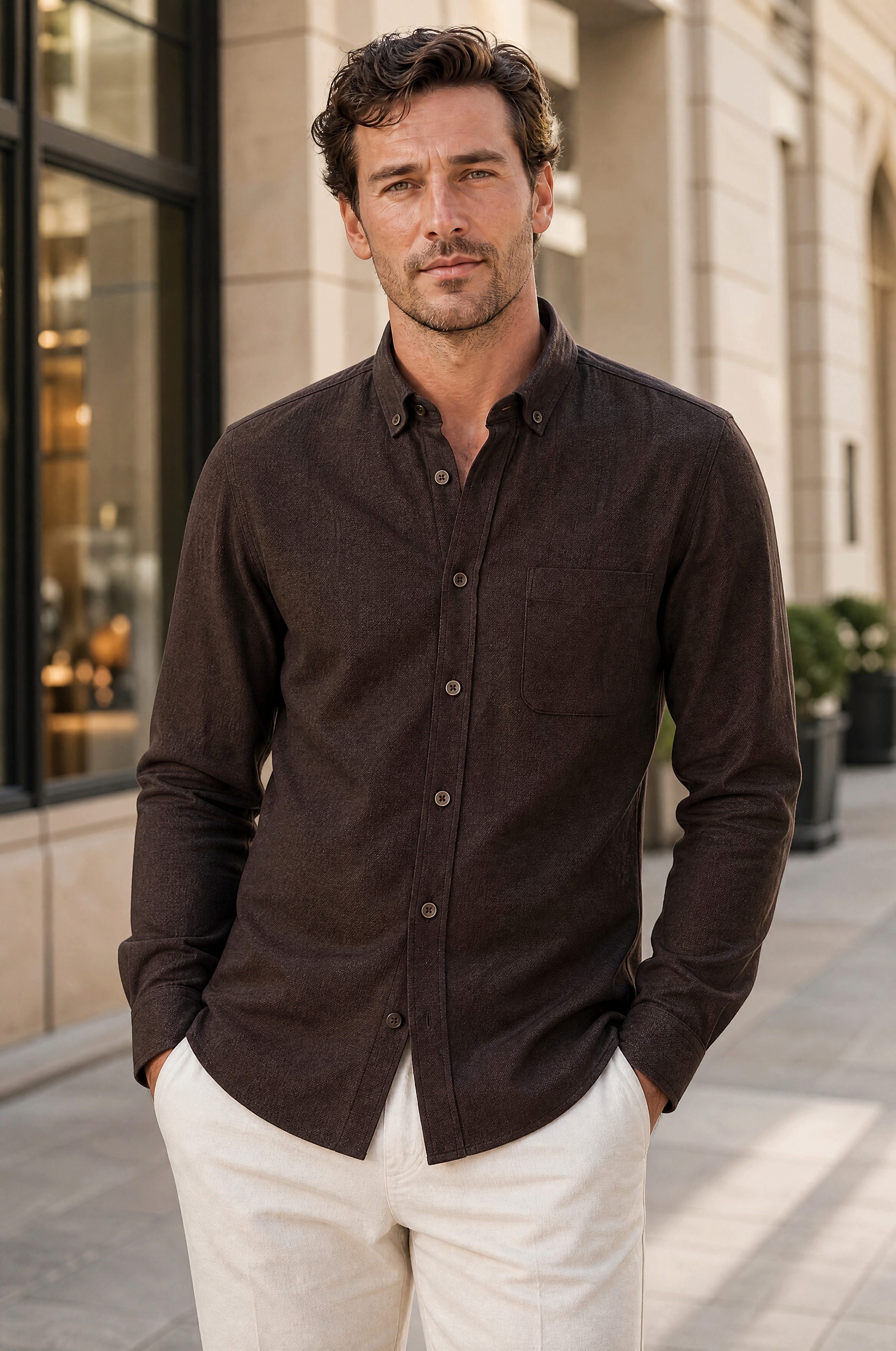 Langarmhemd Flanell Herrenhemd Langarm Modern Fit Braun ideal Frühling Stil