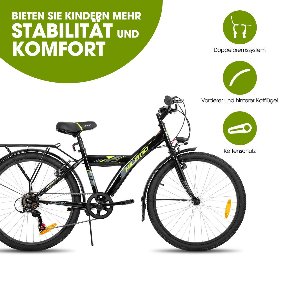 HILAND Kinderfahrrad Sentry+ 20 24 Zoll Mountainbike, MTB für Kinder Jungen Mädchen, mit 6 Gang Schaltung, Gepäckträger, Kotflügel, Fahrradklingel,V Bremse