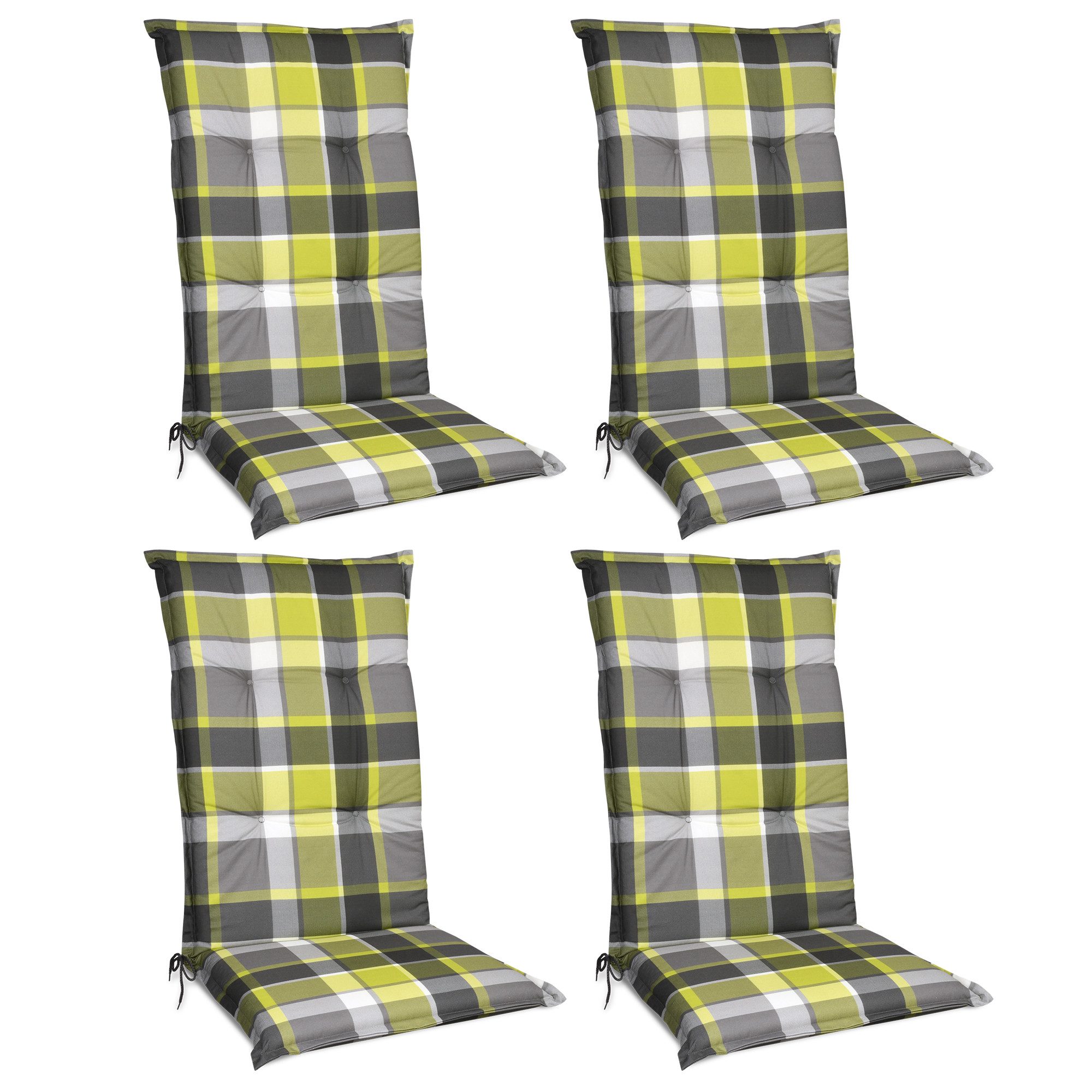 Beautissu Hochlehnerauflage 4er Set Hochlehner Auflagen Set 120x50 cm Polster Grün Kariert, 6cm Dicke Polsterauflage rutschfest UV-Lichtecht 5 Stuhlkissen