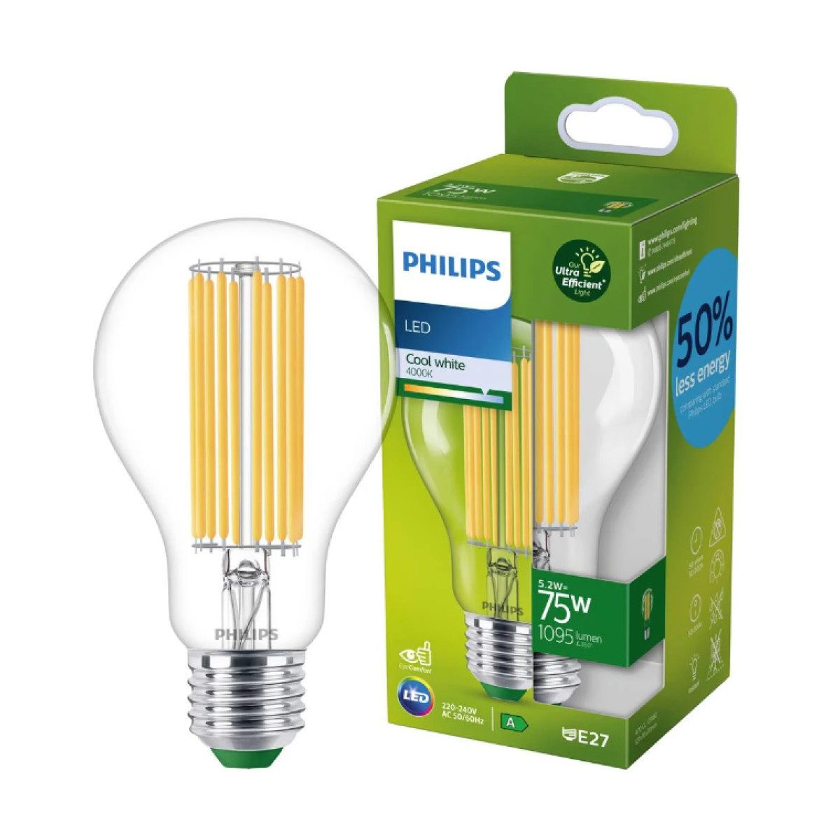 Philips LED-Leuchtmittel LED E27 A70 Filament Klar 5,2W = 75W ULTRA EFFIZIE günstig online kaufen