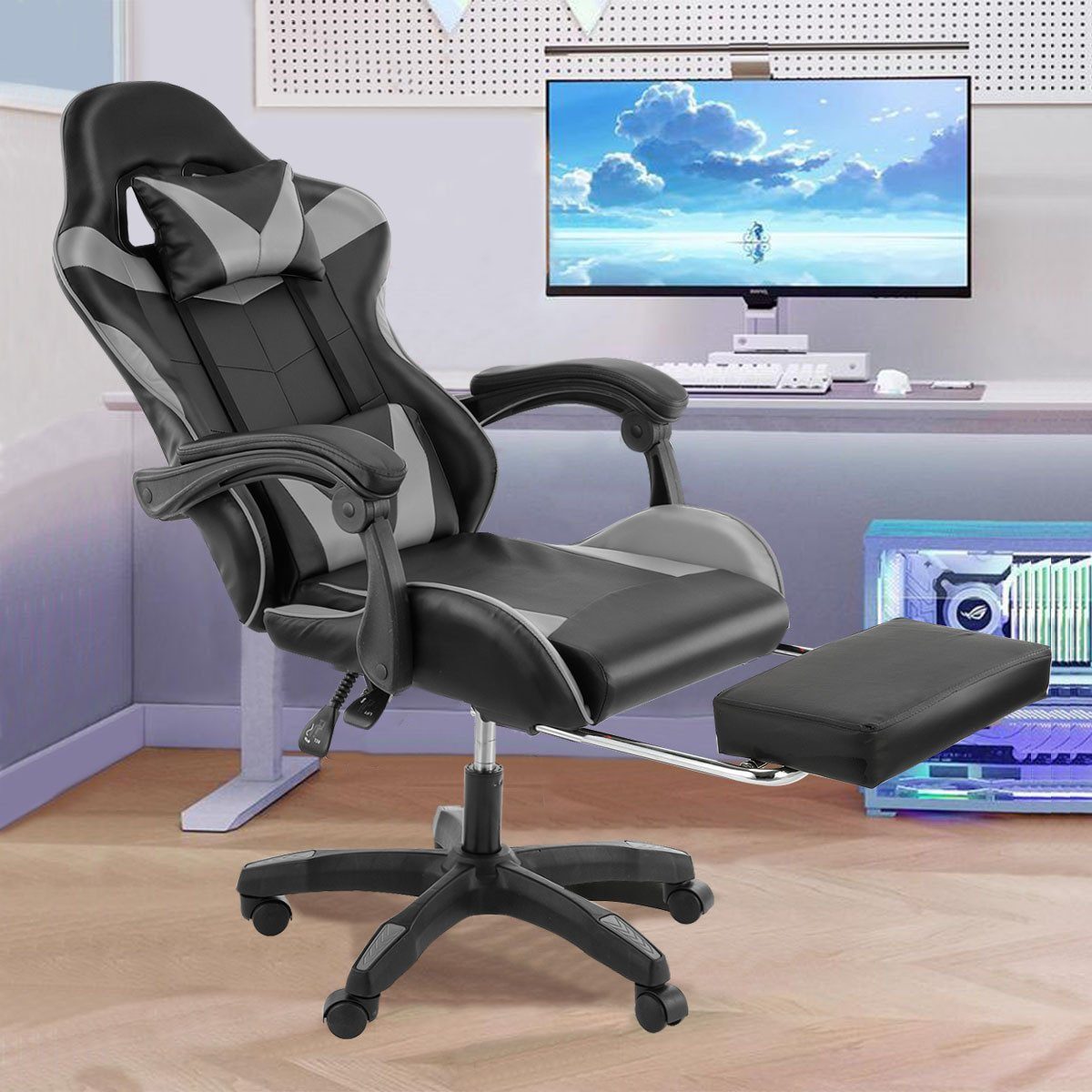 LETGOSPT Gaming Chair Ergonomischer Gaming-Stuhl, Verstellbare Bürostuhl Massage Gamer Stuhl, Gaming Chair mit Kopfkissen Lendenkissen, Gamer-Stuhl für Erwachsene