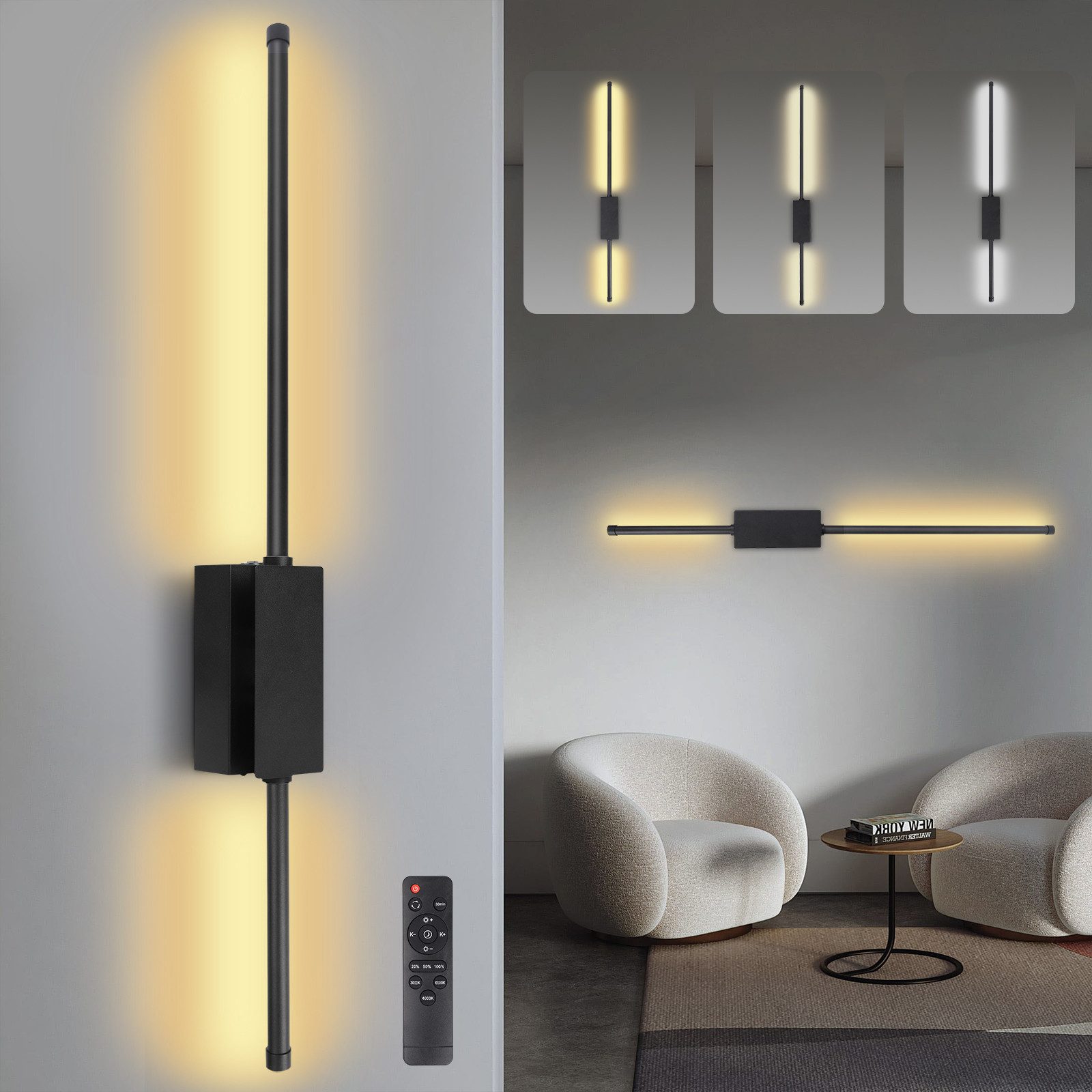 Rosnek LED Wandleuchte LED Akku Wandleuchte Innen Kabellos 360° Drehbar Dimmbar Fernbedienung, LED wechselbar, 5000mAh Batterie Wandlampe Schwarz Set 1/2 für Wohnzimmer, Flur