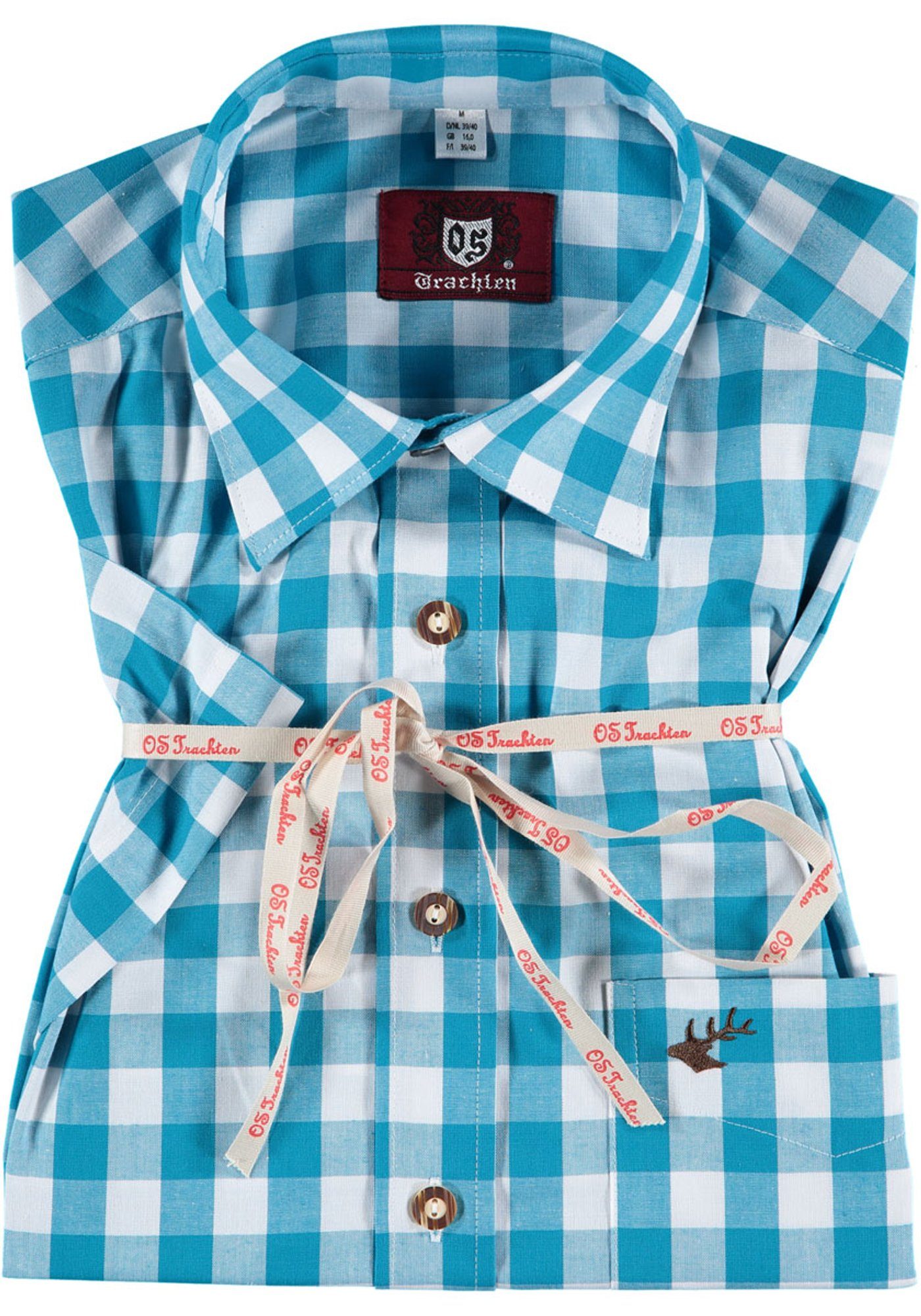 aufgesetzter mit Hirsch-Stickerei Kurzarmhemd Brusttasche Trachtenhemd OS-Trachten Iluvu mit türkis