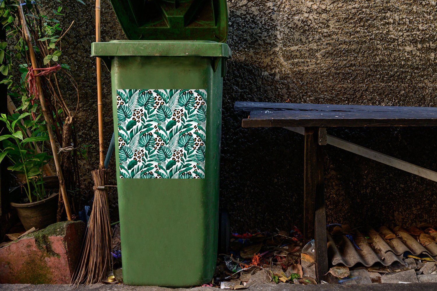 St), Abfalbehälter MuchoWow - (1 Blätter - Sticker, Tropisch Container, Mülltonne, Wandsticker Dschungel Mülleimer-aufkleber,