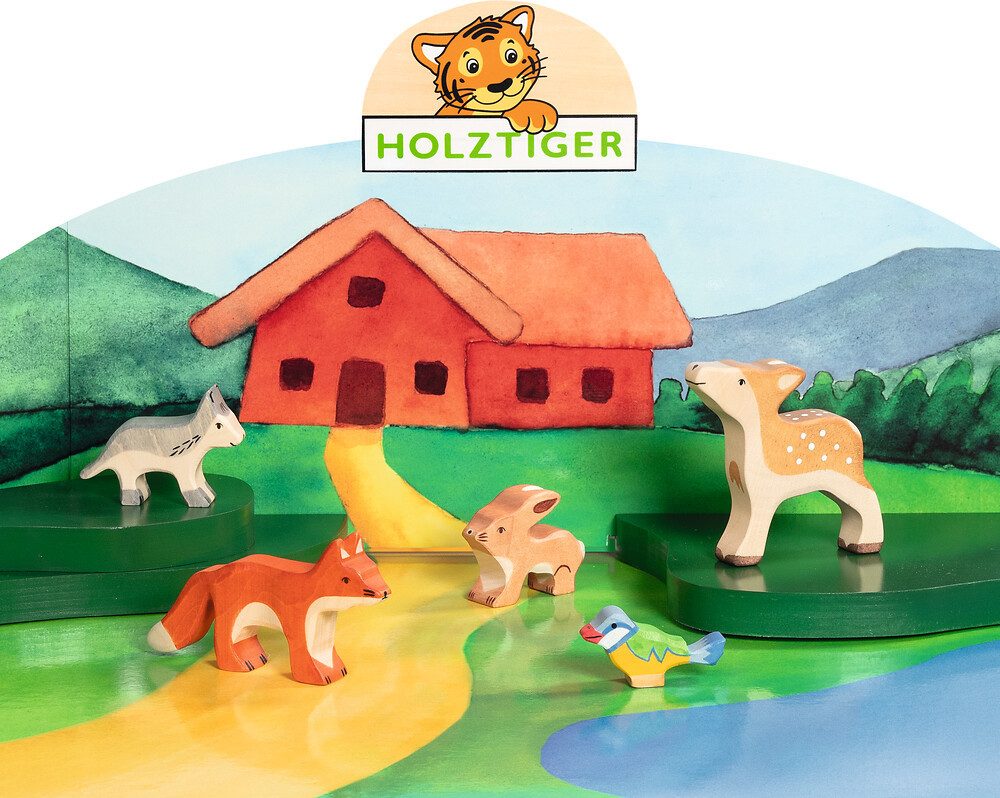 Holztiger Spielwelt Holz-Waldtiere für Kinder – Kitz, Fuchs, Hase, Wolf, Blaumeise, (5-tlg)