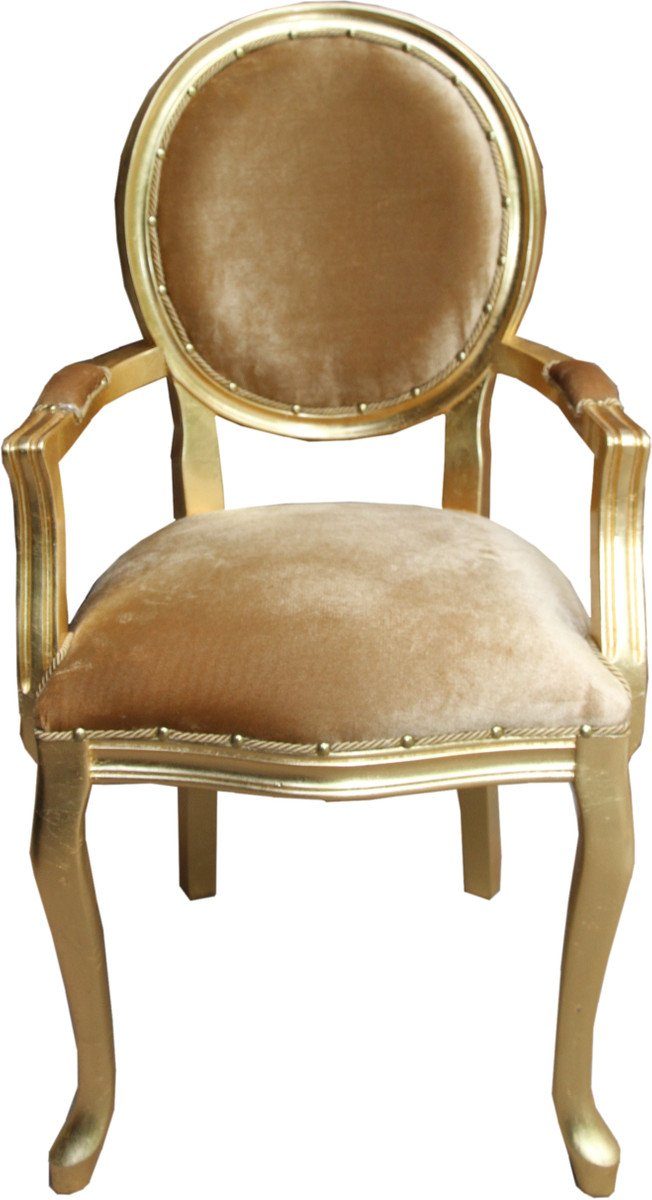 Casa Padrino Esszimmerstuhl Barock Luxus Esszimmer Medaillon Stuhl mit Armlehnen Gold Samtstoff / Gold