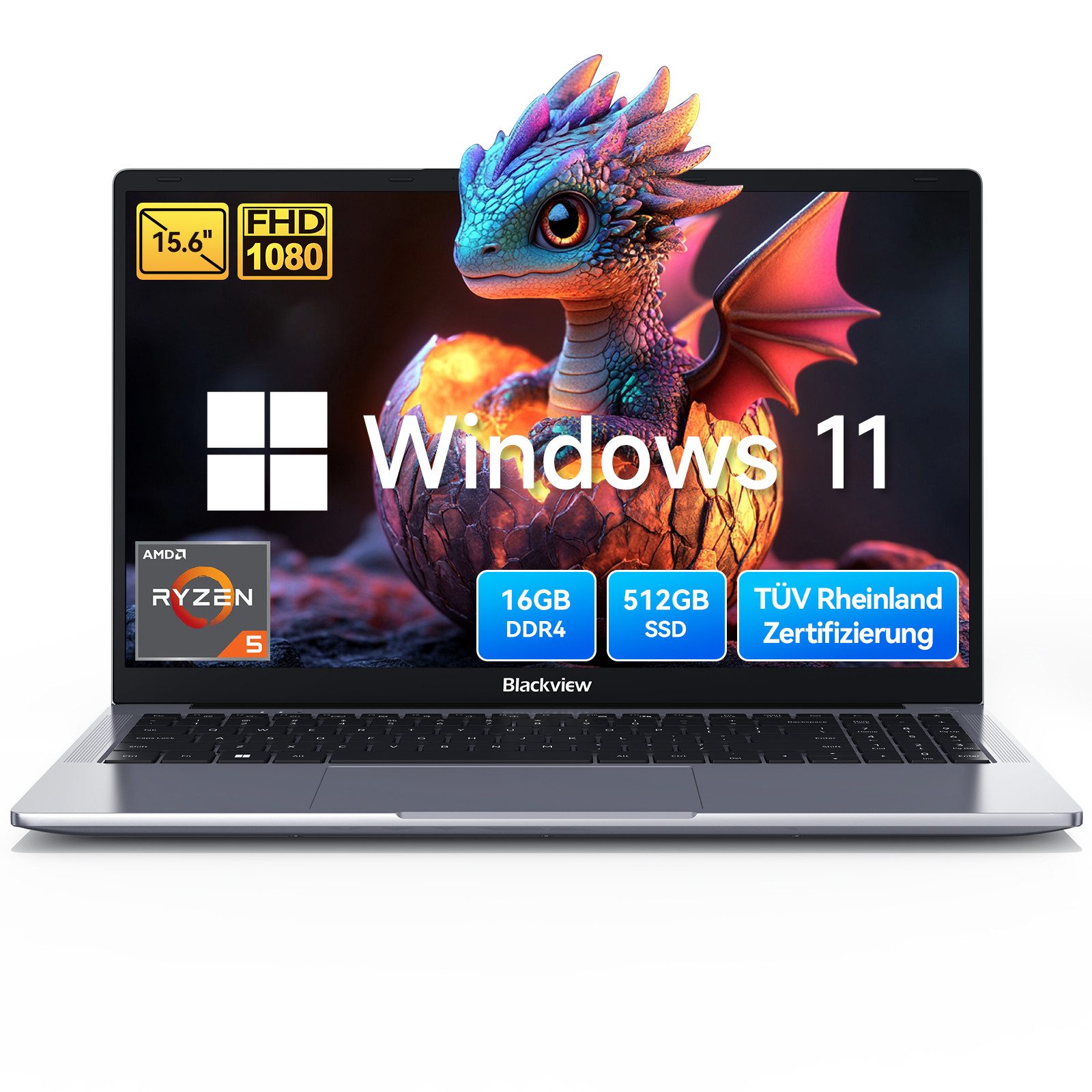 blackview 15,6" Laptop, AMD Ryzen 5 3500U 16GB RAM 512GB SSD, Windows 11 Notebook (Radeon Ryzen5 3500U AMD Ryzen5 3500U, 512 GB SSD, 180° Drehung/Low Blue Light-Zertifizierung/Deutsche Tastaturaufkleber)