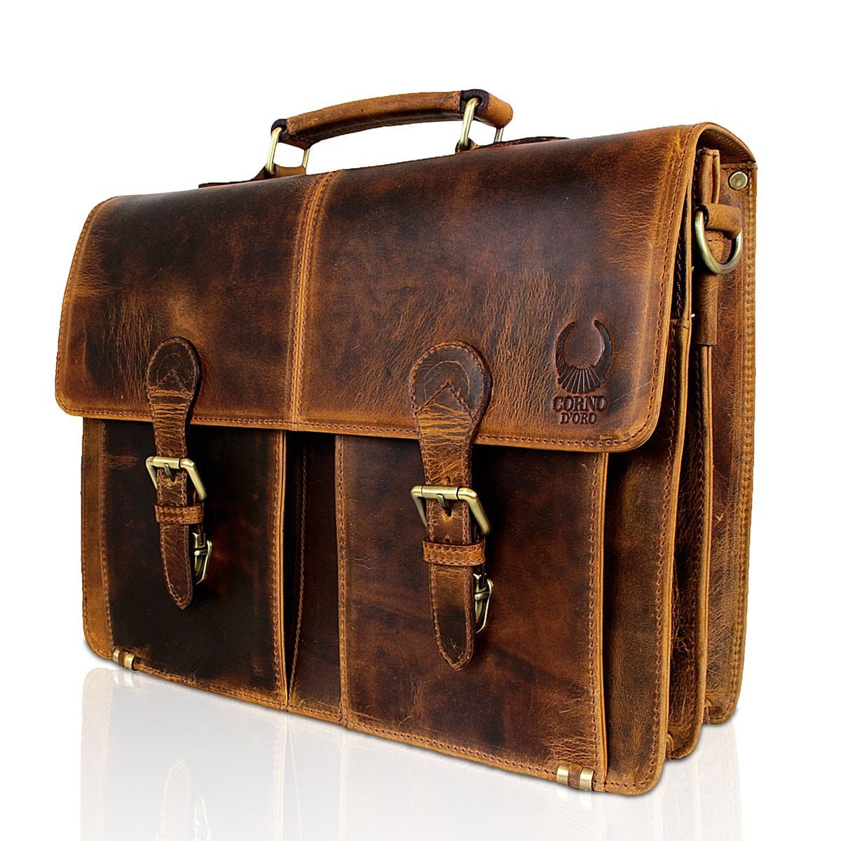 Corno d´Oro Aktentasche HANDMADE Businesstasche für 15.6 Zoll Laptop Leder für Damen & Herren, für DIN A4 Ordner geeignet, Braun; extra breiter Schultergurt