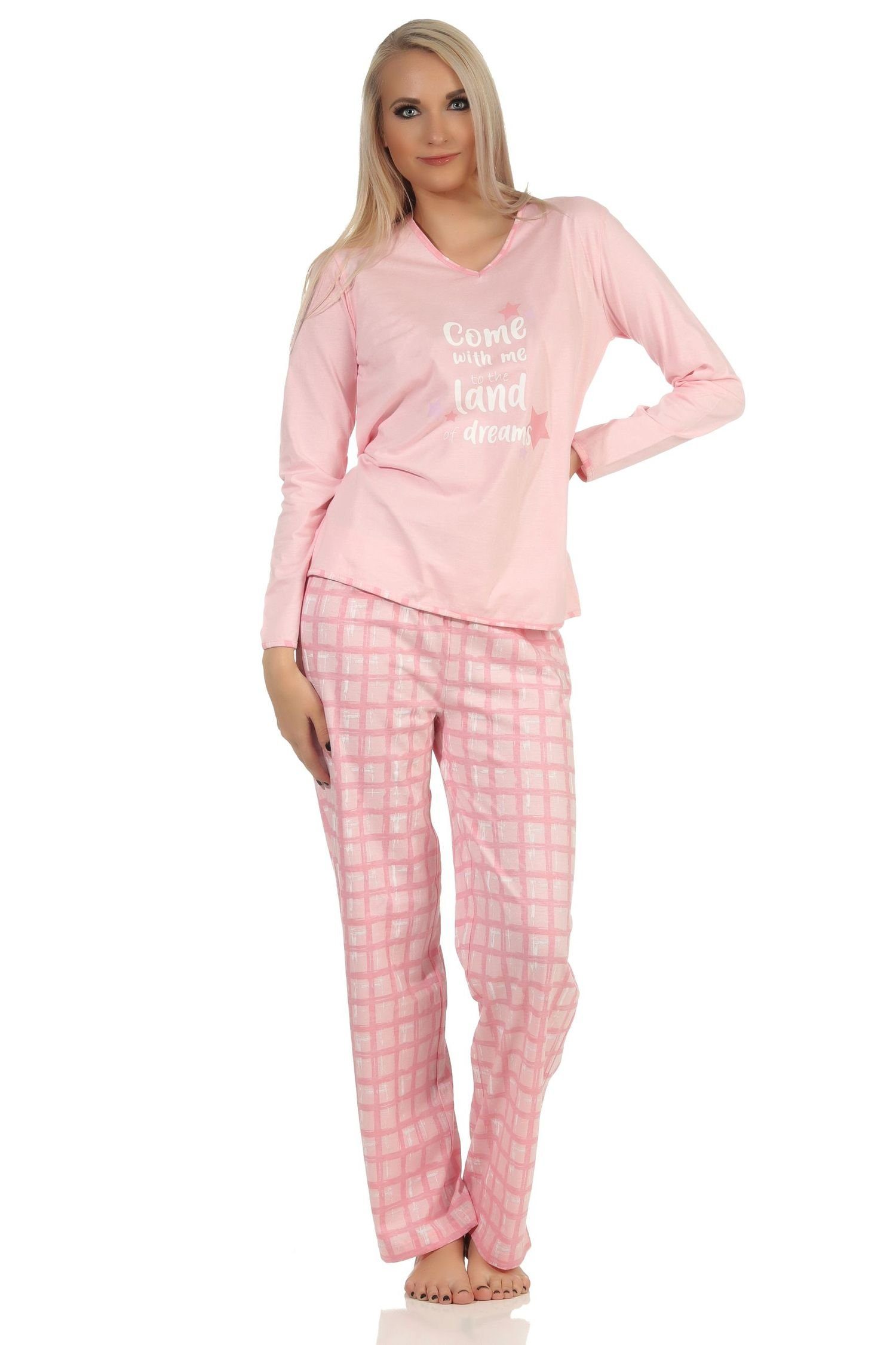 Normann Pyjama Normann Damen langarm Schlafanzug mit Jersey Hose in Karo Optik rose
