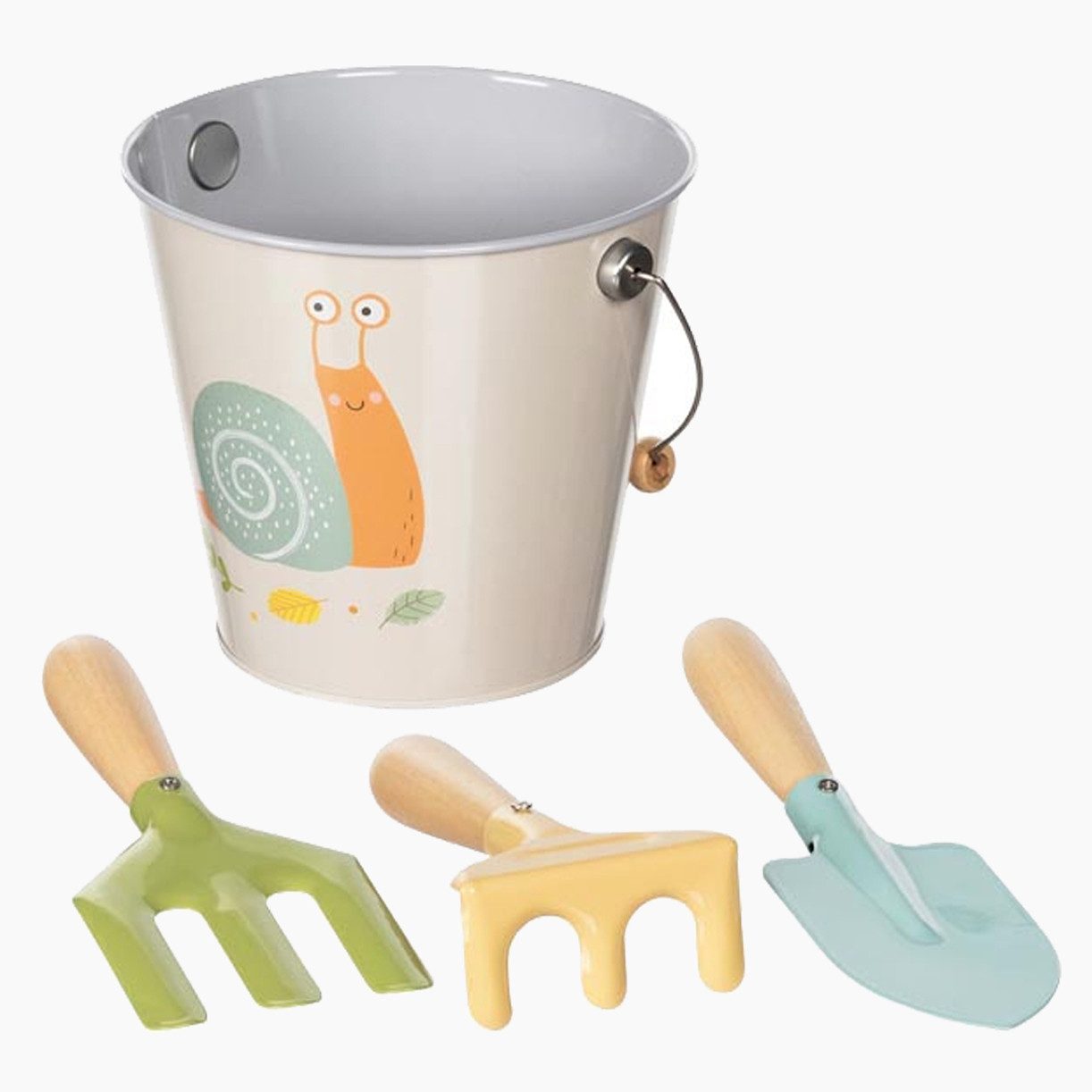 goki Spielzeug-Gartenset Eimer mit Gartenwerkzeug, Motiv Schnecke, (packung, 4-tlg., packung), rund gestaltete Holzgriffe ohne scharfe Kanten