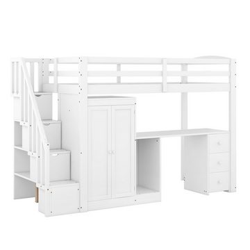DOPWii Bett 90 x 200cm Hochbett mit Kleiderschrank,Treppe,Schreibtisch,Schubladen, Schrank in einem,weiß, Etagenbett, Jugendbett, Kombinationsbettschrank