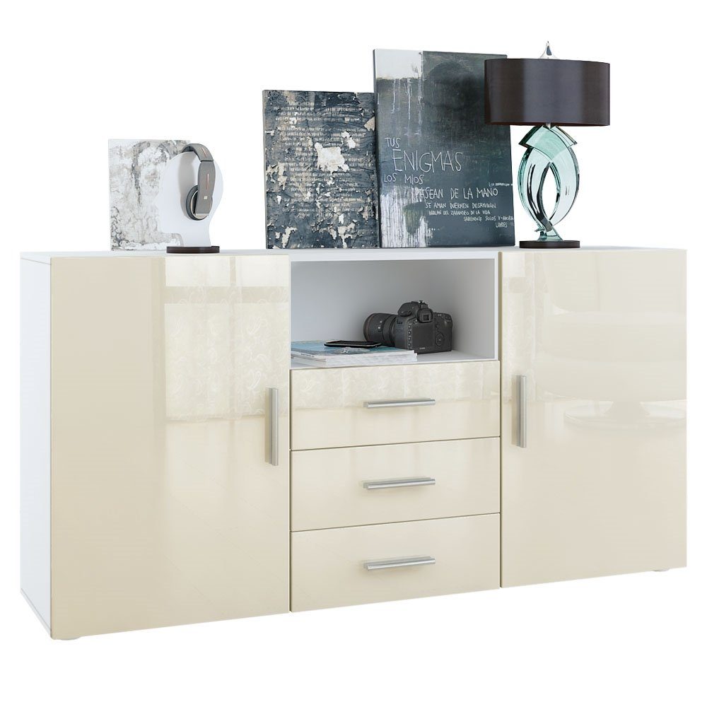 Vladon Sideboard Skadu (Kommode, mit 2 Türen, 3 Schubladen und 1 offenem Fach), Weiß matt/Creme Hochglanz (138,5 x 71,5 x 35 cm)