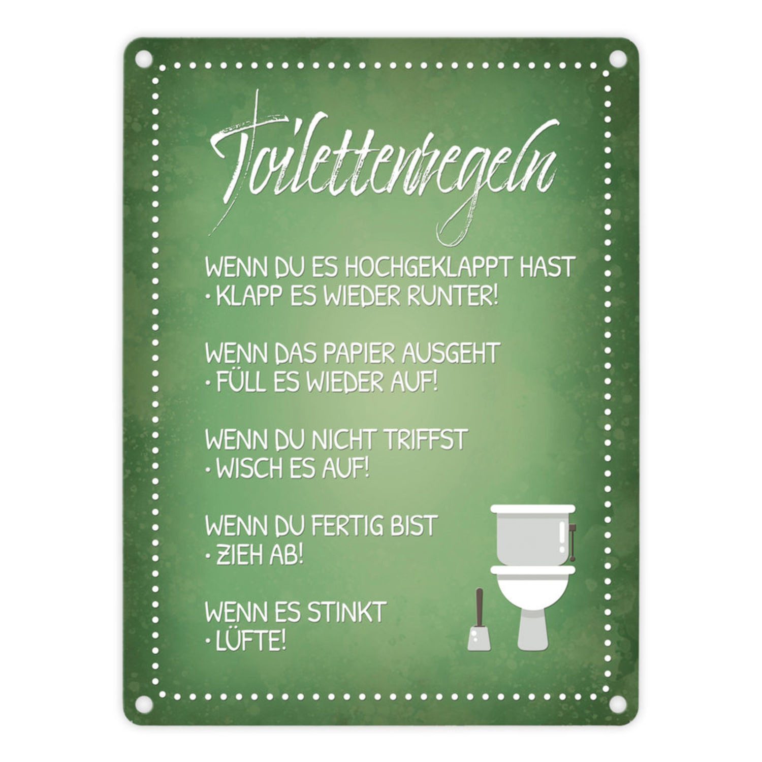 Metallschild Toilettenregeln Metallschild in grün mit Toilette Motiv Klo Hygiene