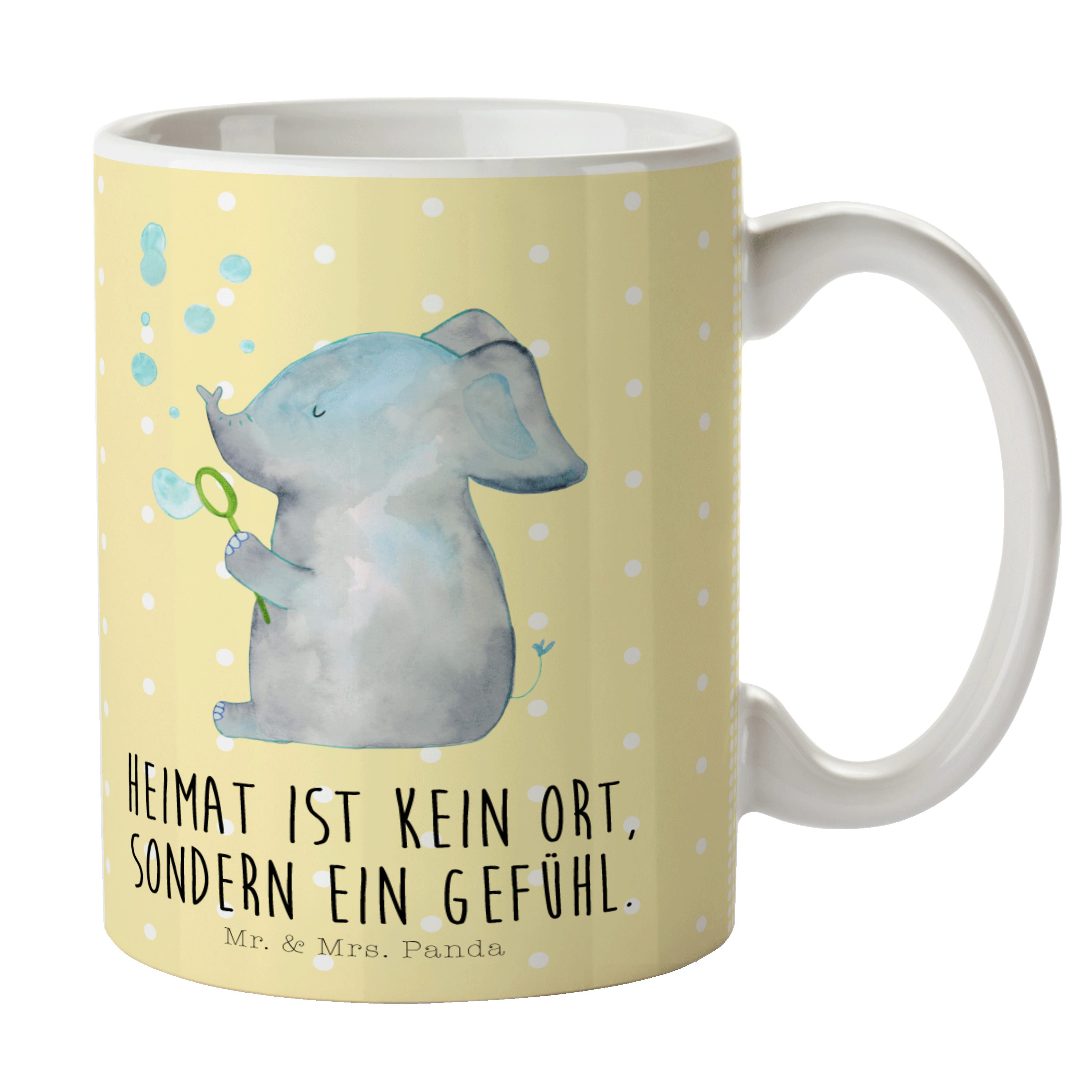 Mr. & Mrs. Panda Tasse Elefant Seifenblasen - Gelb Pastell - Geschenk, Rüsseltier, Tasse Mot, Keramik