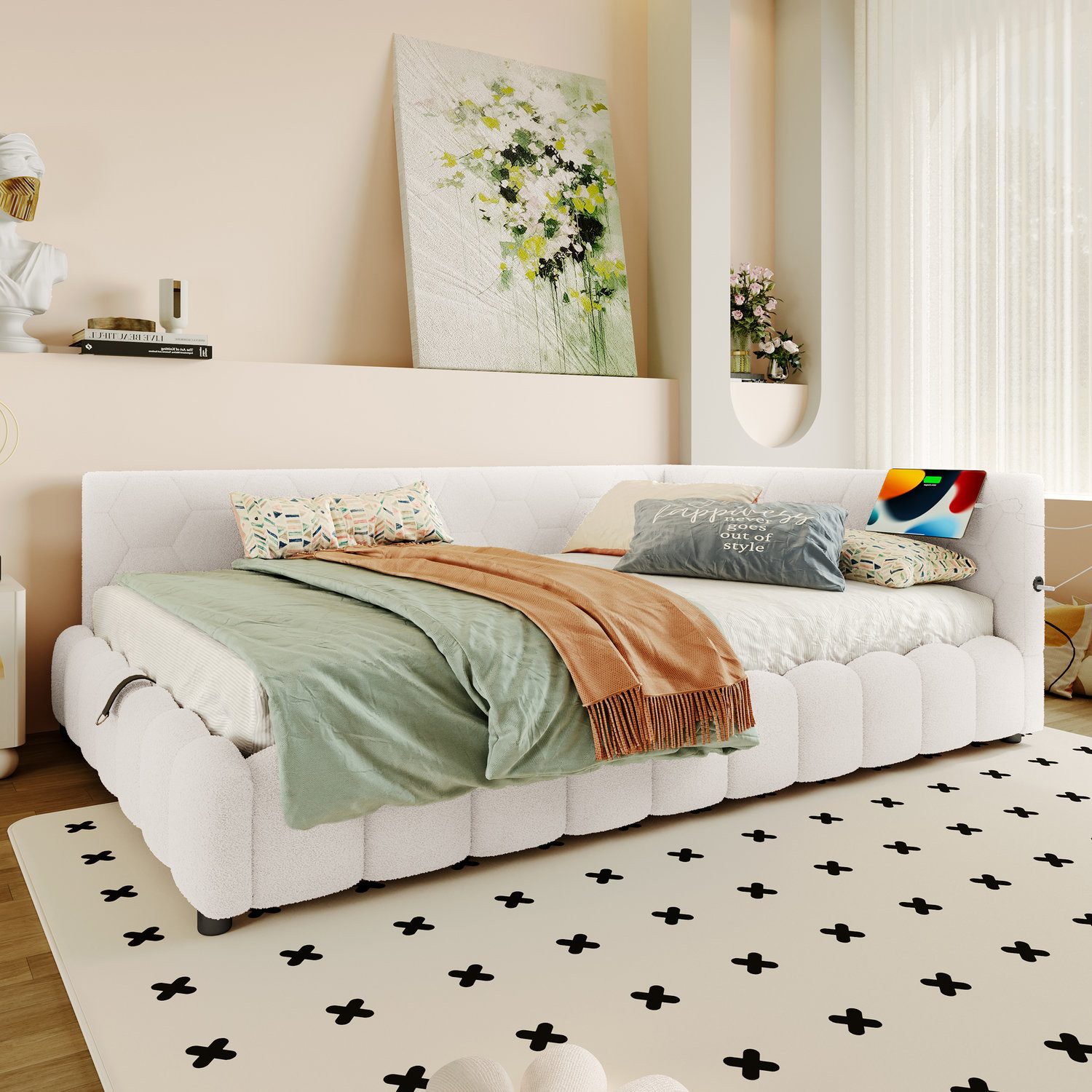 Odikalo Schlafsofa Schlafcouch 140x200 mit LED und Bettkasten, Bett mit Lattenrost (ohne Matratze), mit LED-Lichtleiste, mit hydraulischem Hebemechanismus, USB-Anschluss, Typ-C, Komfortmaterial, Vliesimitat