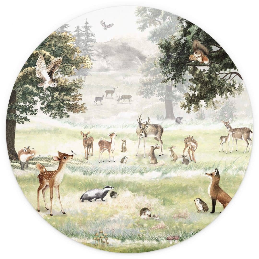 K&L Wall Art Fototapete Fototapete Baby Kinderzimmer Wald Freunde Bär Hirsch Vliestapete rund, große Kinder Motivtapete