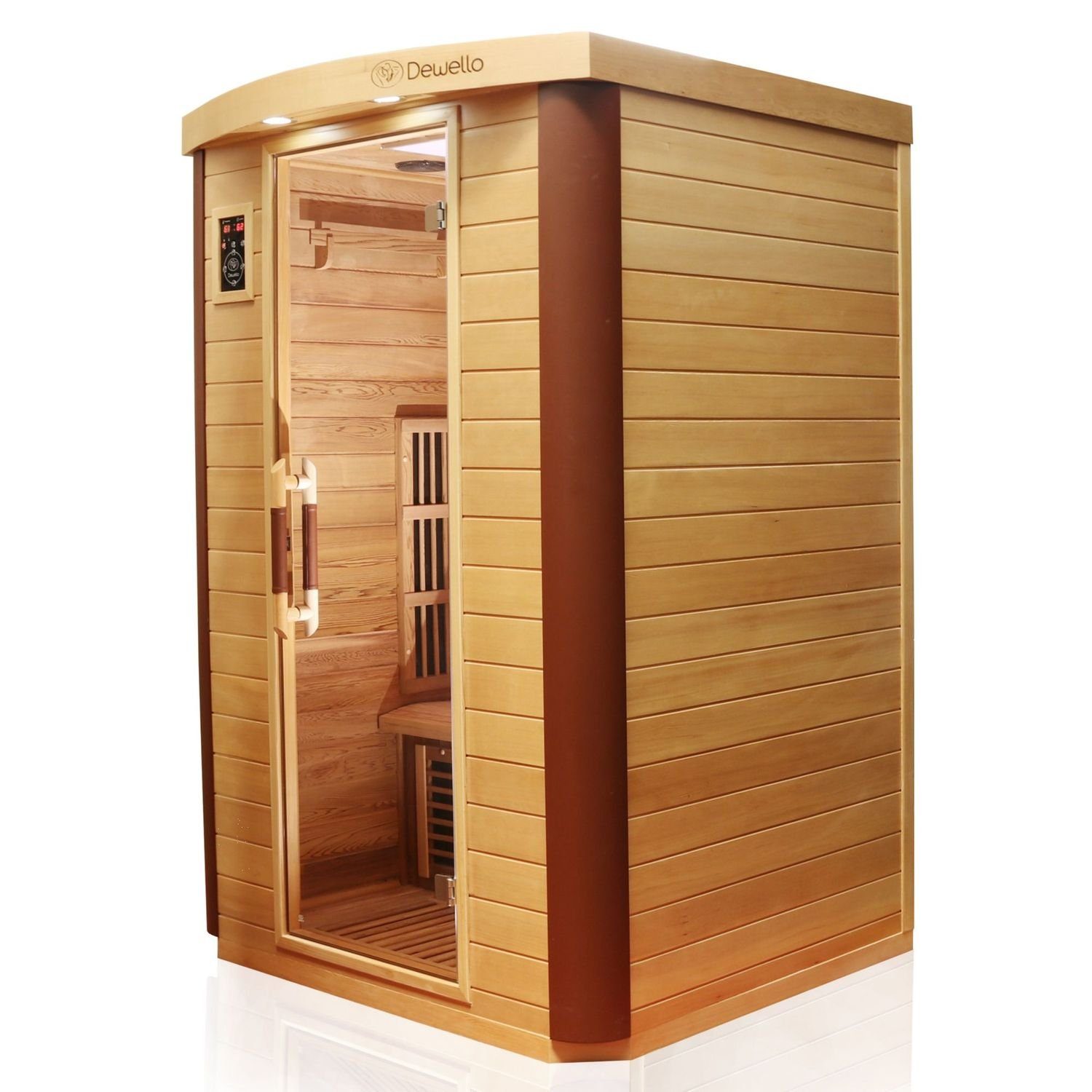 Dewello Infrarotkabine TORONTO 127 Wärmekabine, für bis zu 2 Personen, 4 Vollspektrumstrahler, BxTxH: 127 x 106 x 190 cm, (mit großer Farblichttherapie, inkl. Ionisator mit Ozondesinfektion und Aromatherapie, Multimedia und zusätzlich USB-Anschluss & Bluetooth möglich) Sauna aus Hemlock / Zeder, leichter Aufbau dank Stecksystem