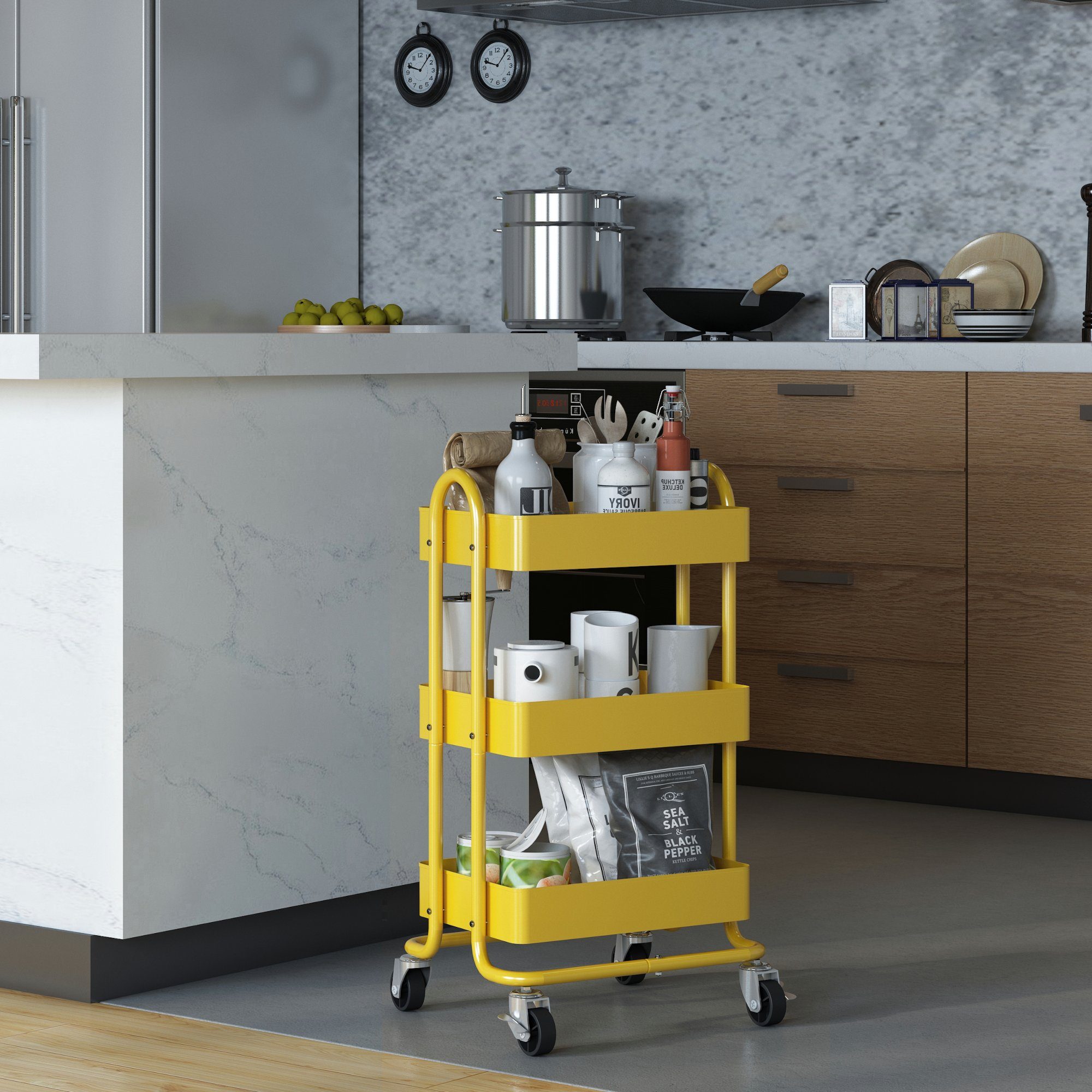en.casa Küchenwagen, »Pyhäntä« Stahl mit 3 Ebenen Gelb günstig online kaufen