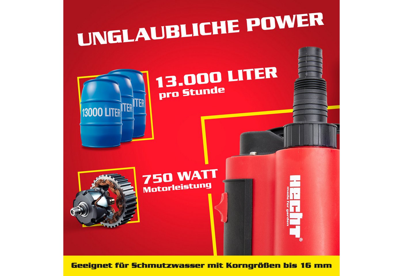 Thumbnail - Hecht Schmutzwasser-Tauchpumpe 3775 mit integriertem Schwimmer, Kunstoffgehäuse, Tragegriff, 13.000 l/h, 750 W, 9 m Förd...