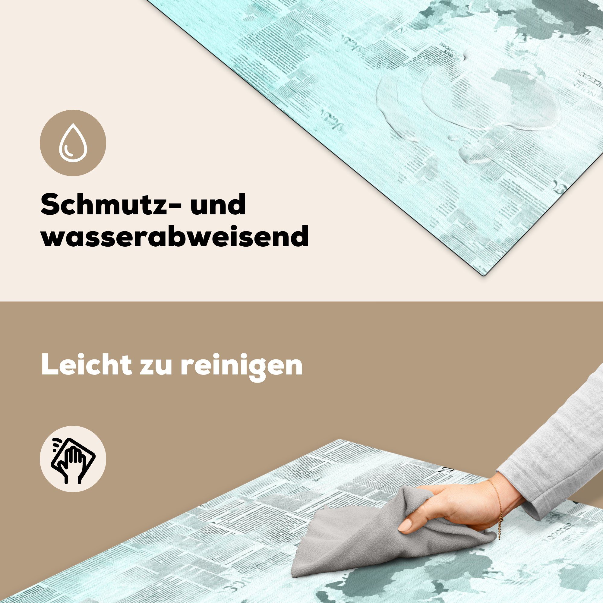 MuchoWow Herdblende-/Abdeckplatte Weltkarte für cm, - tlg), Zeitungspapier, 78x78 Blau - Arbeitsplatte - küche Weiß Vinyl, (1 Ceranfeldabdeckung