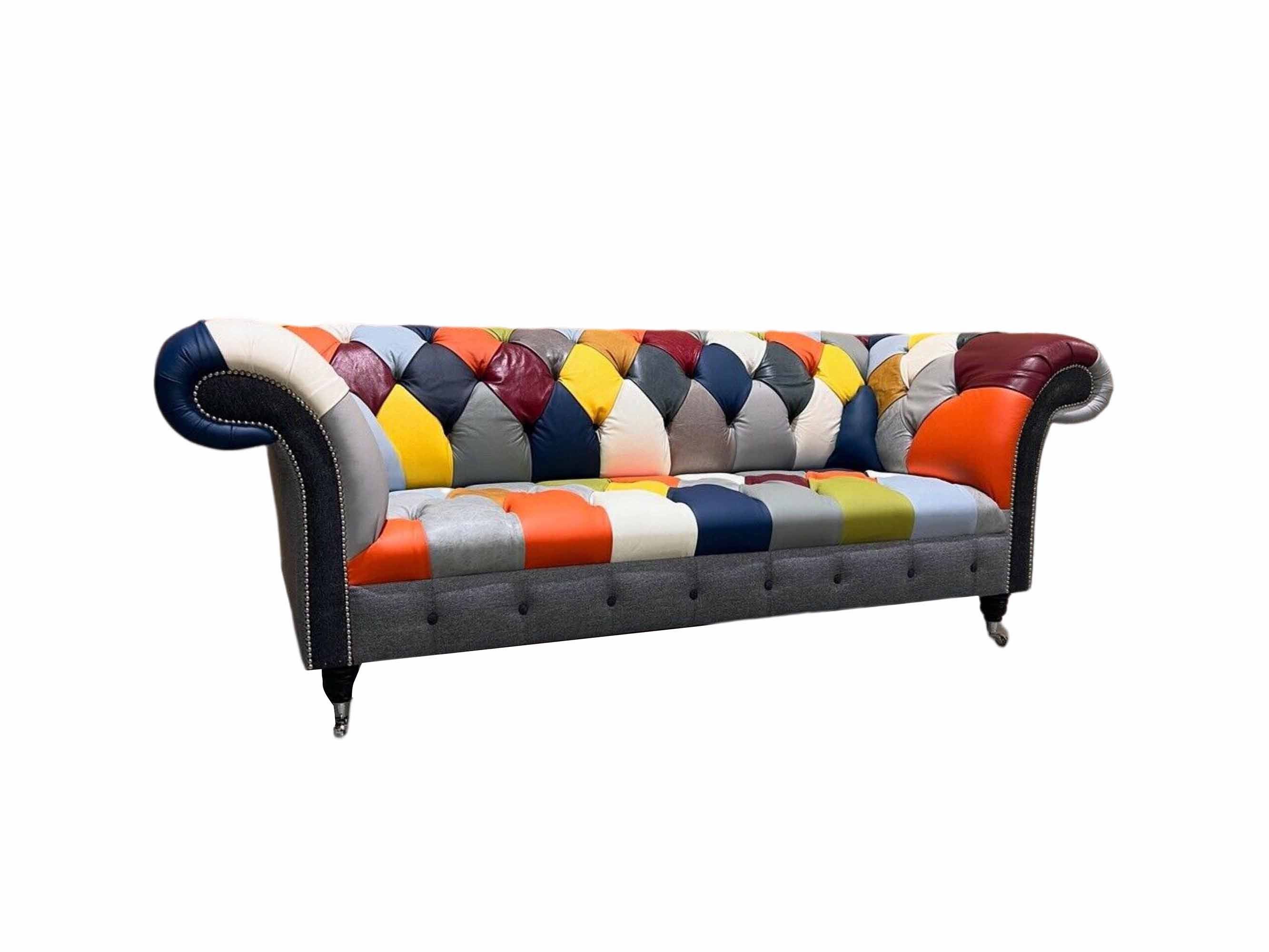 JVmoebel Chesterfield-Sofa 3-SITZER PATCHWORK LEDERSOFA CHESTERFIELD GRAU WOLLE HANDGEFERTIGT