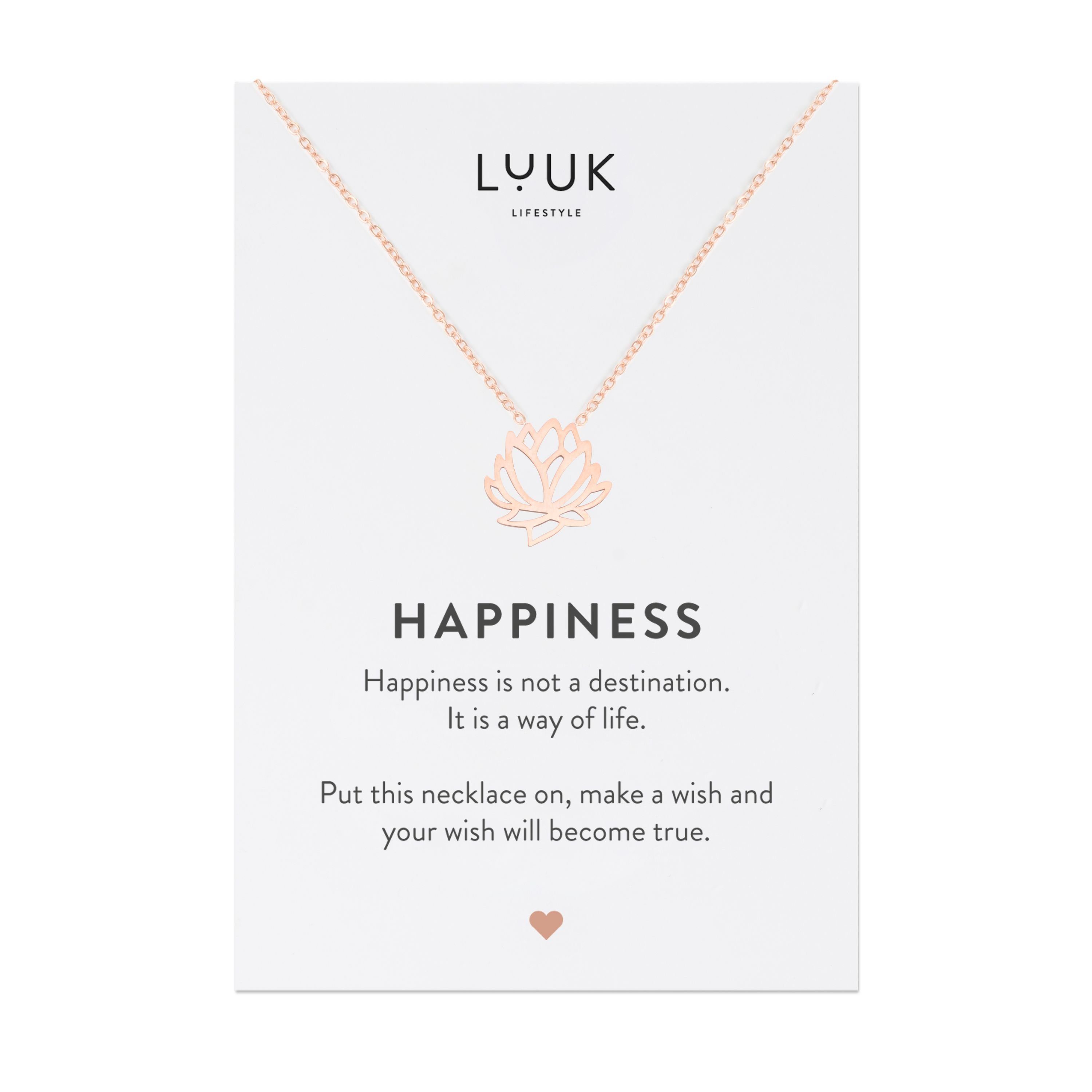 LUUK LIFESTYLE Kette mit Anhänger Lotusblüte, Geschenkidee Symbole Asiens, China, Japan, Modeschmuck für die Freundin, Edelstahl, Liebhaberin asiatischer Kultur, mit Lotusblüte Anhänger und HAPPINESS Karte, Rosé