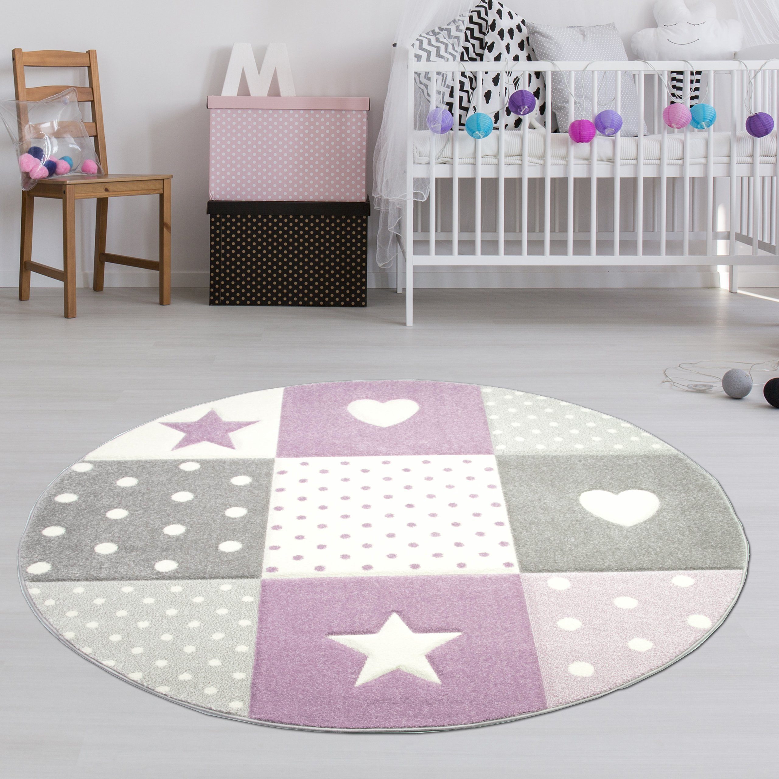 TeppichHome24 Kinderteppich Kinderteppich mit Stern Herz in Lila Grau Creme günstig online kaufen