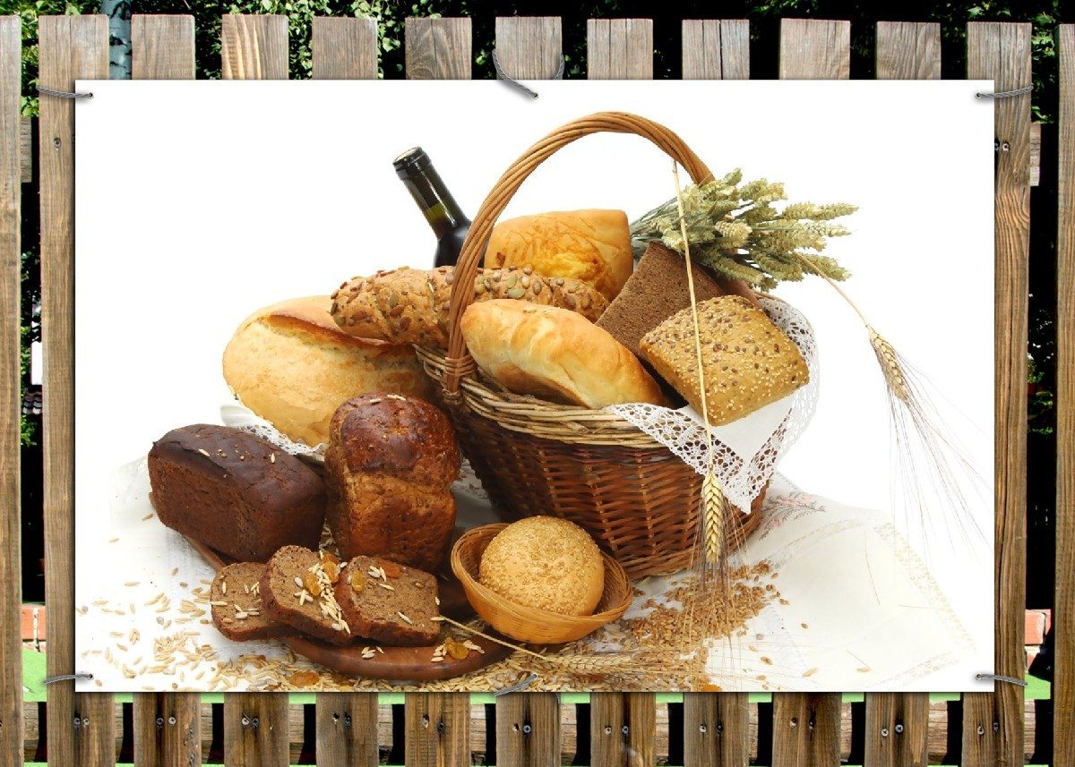 Thumbnail - Wallario Sichtschutzzaunmatten Brot und Brötchen im eleganten Korb - mit Wein und Getreide