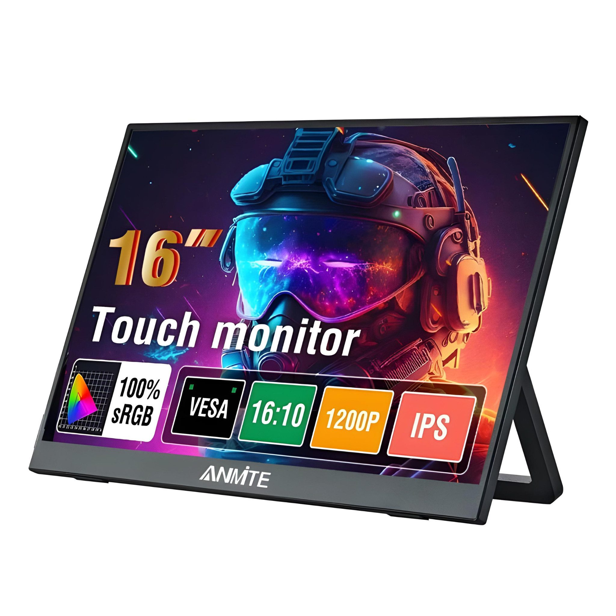 ANMITE 16 Zoll Tragbarer Monitor Full HD (Touch) USB-C HDMI 1920x1200 HDR Portabler Monitor (1920x1080 px, Full HD, 60 Hz, IPS, mit integriertem Ständer & wahlweise Touch-Display)