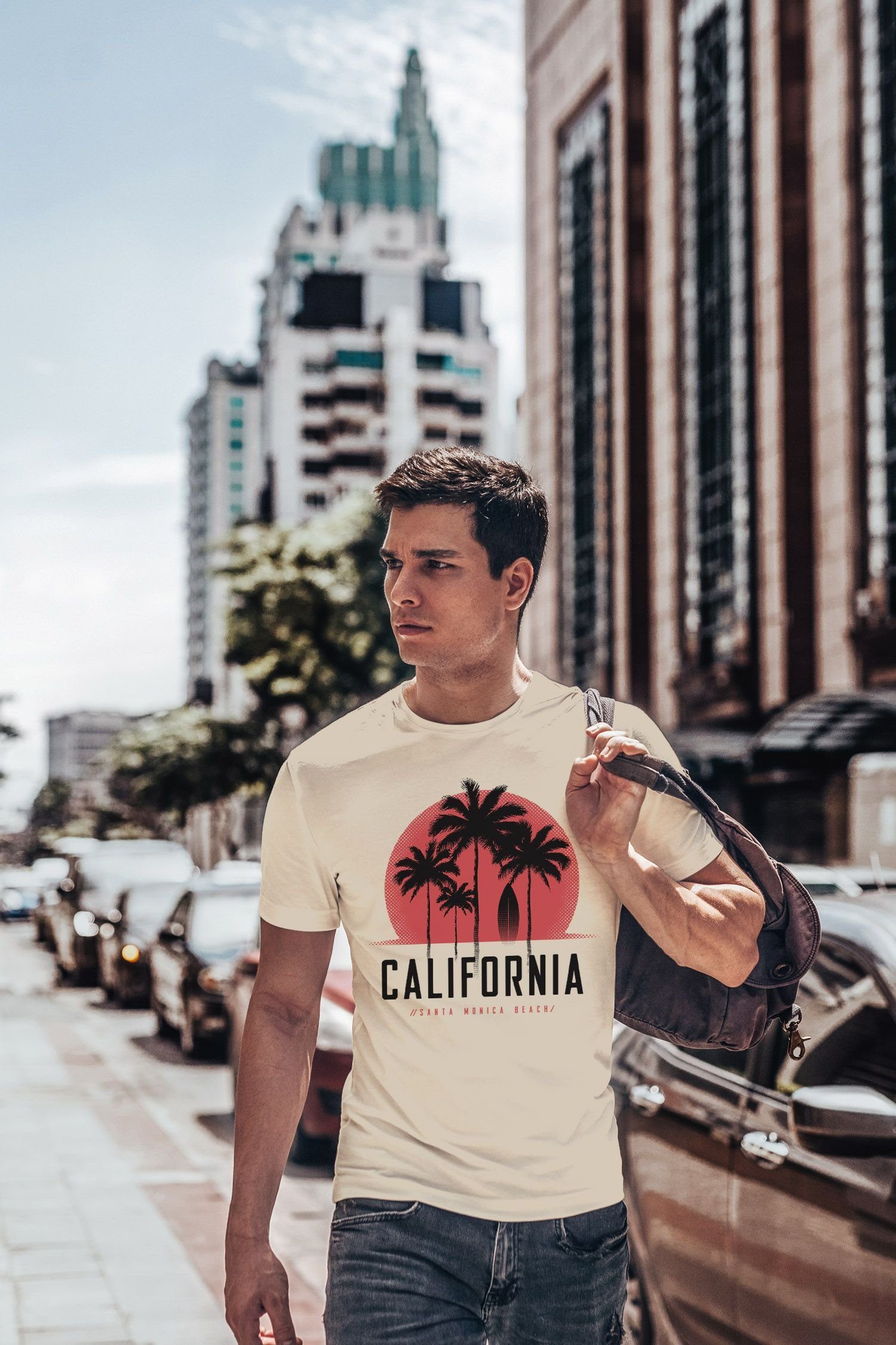 Neverless Print-Shirt Herren T-Shirt California Sommer mit natur Santa Fashion Sonne Palmen Monica Print Beach Streetstyle Neverless®