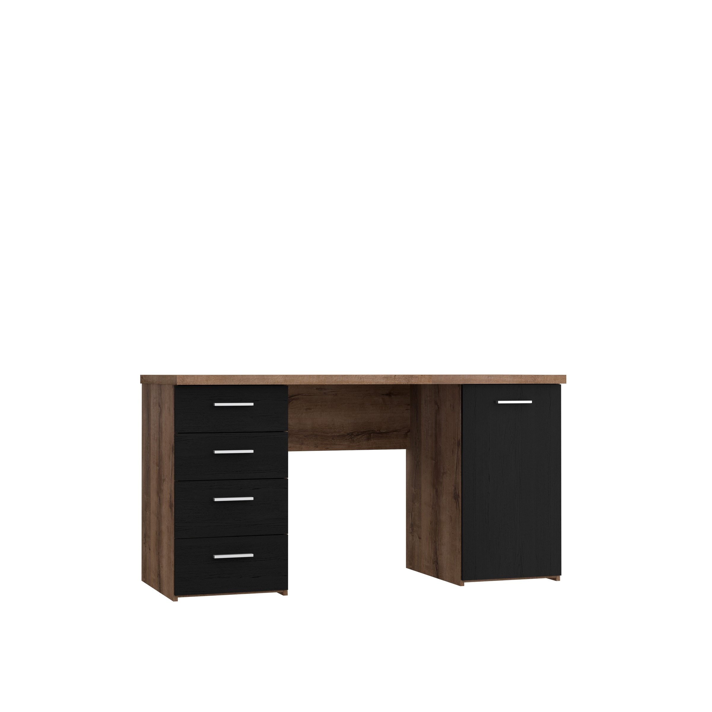 FORTE Schreibtisch mit 4 Schubladen, Schwarz/Schlammeiche Dekor - 145x76,3x60cm (BxHxT)