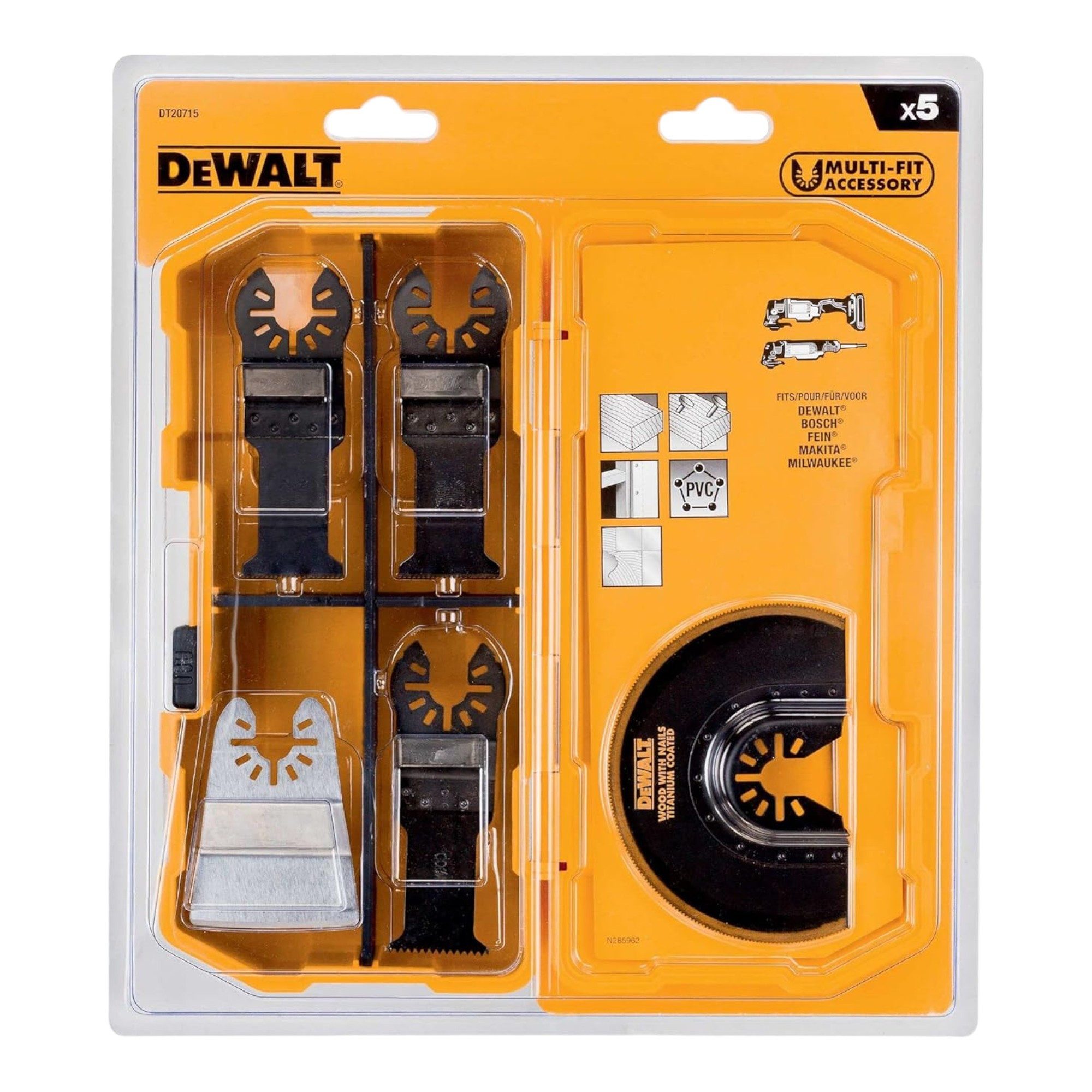 DeWalt Akku-Multifunktionswerkzeug DT 20715-QZ Multitool Zubehör 5 tlg. für Holz, Kunststoff, Gipskarton