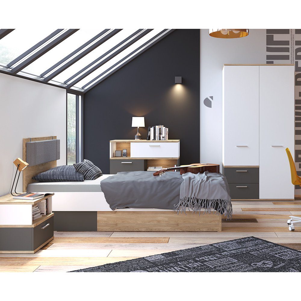 Lomadox Jugendzimmer-Set mit Komplett Eiche 120cm Set mit (Sparset, Bett, TOMAR-129, grau und 4-tlg), weiß