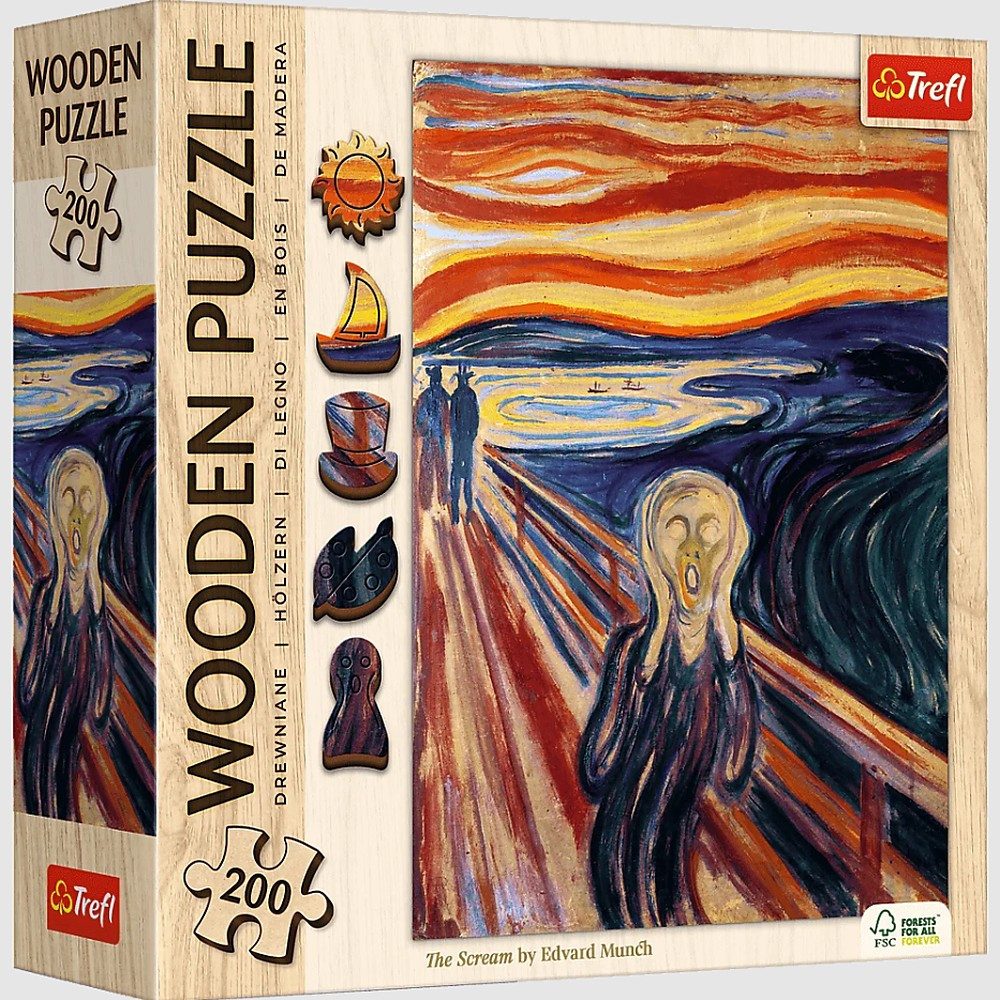 Trefl Puzzle Holzpuzzle Kunstpuzzle Legespiel, 200 Puzzleteile, Holzteile, 5 Figuren, Kunstmotiv Der Schrei