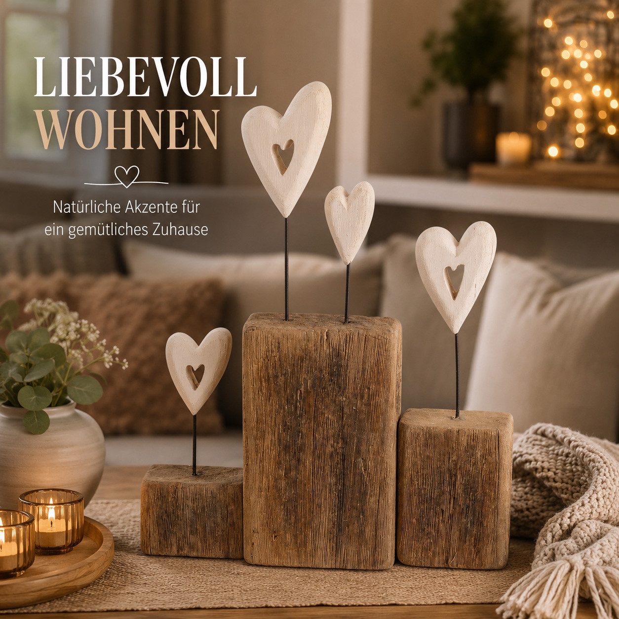 formano Dekofigur Herz Deko Aufsteller aus Holz mit 4 Herzen 25 cm Natur Weiß