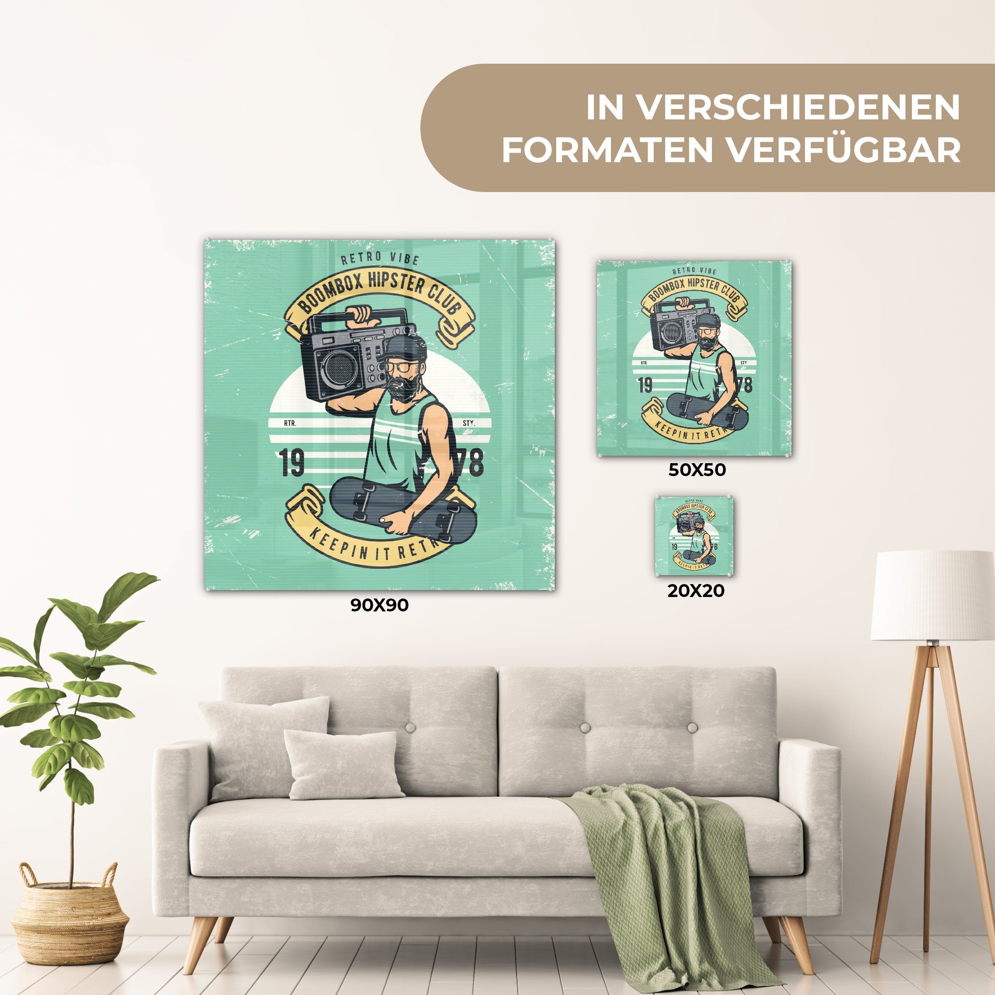 Mancave auf - Radio auf Glasbilder Acrylglasbild Wandbild - - MuchoWow Skateboard Wanddekoration St), - Glas Altmodisch, Foto (1 Glas - - Bilder