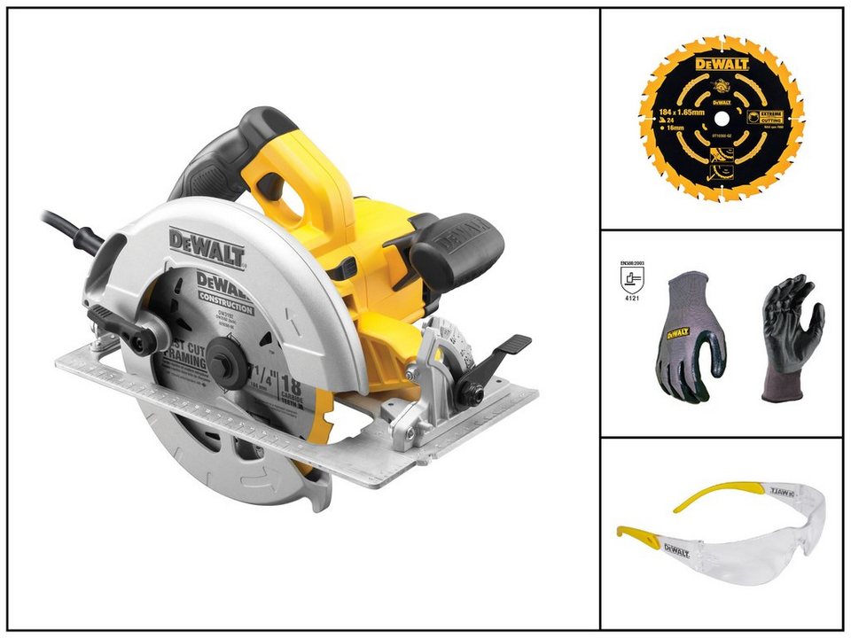 DeWalt Handkreissäge Set DWE575K-QS 1600 Watt, Schnitttiefe 90°/45° 55/35 mm,  inkl. DT10304 Kreissägeblatt, Handschuhe, Schutzbrille