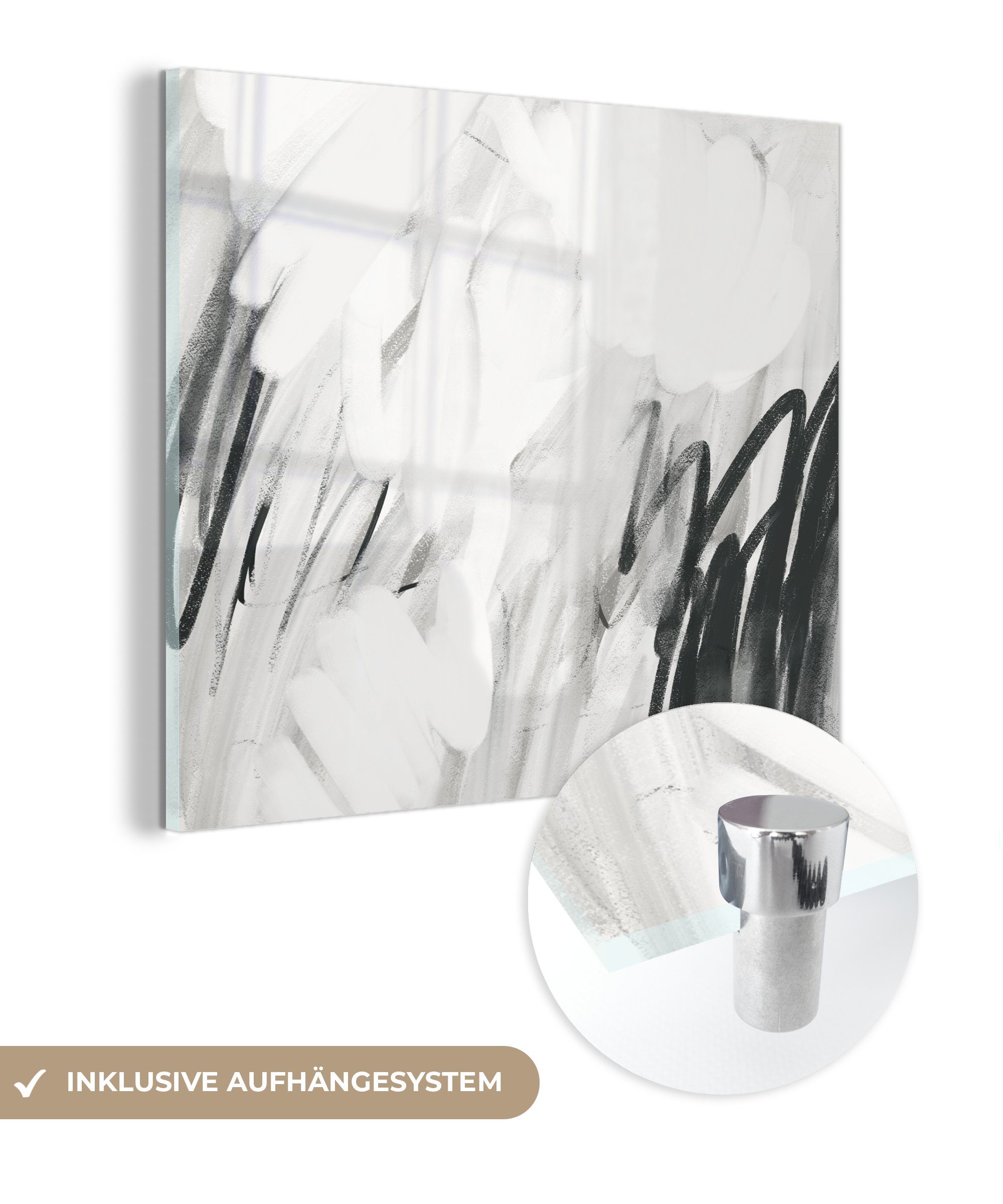 MuchoWow Acrylglasbild Kunst - Abstrakt - Grau, (1 St), Glasbilder - Bilder auf Glas Wandbild - Foto auf Glas - Wanddekoration