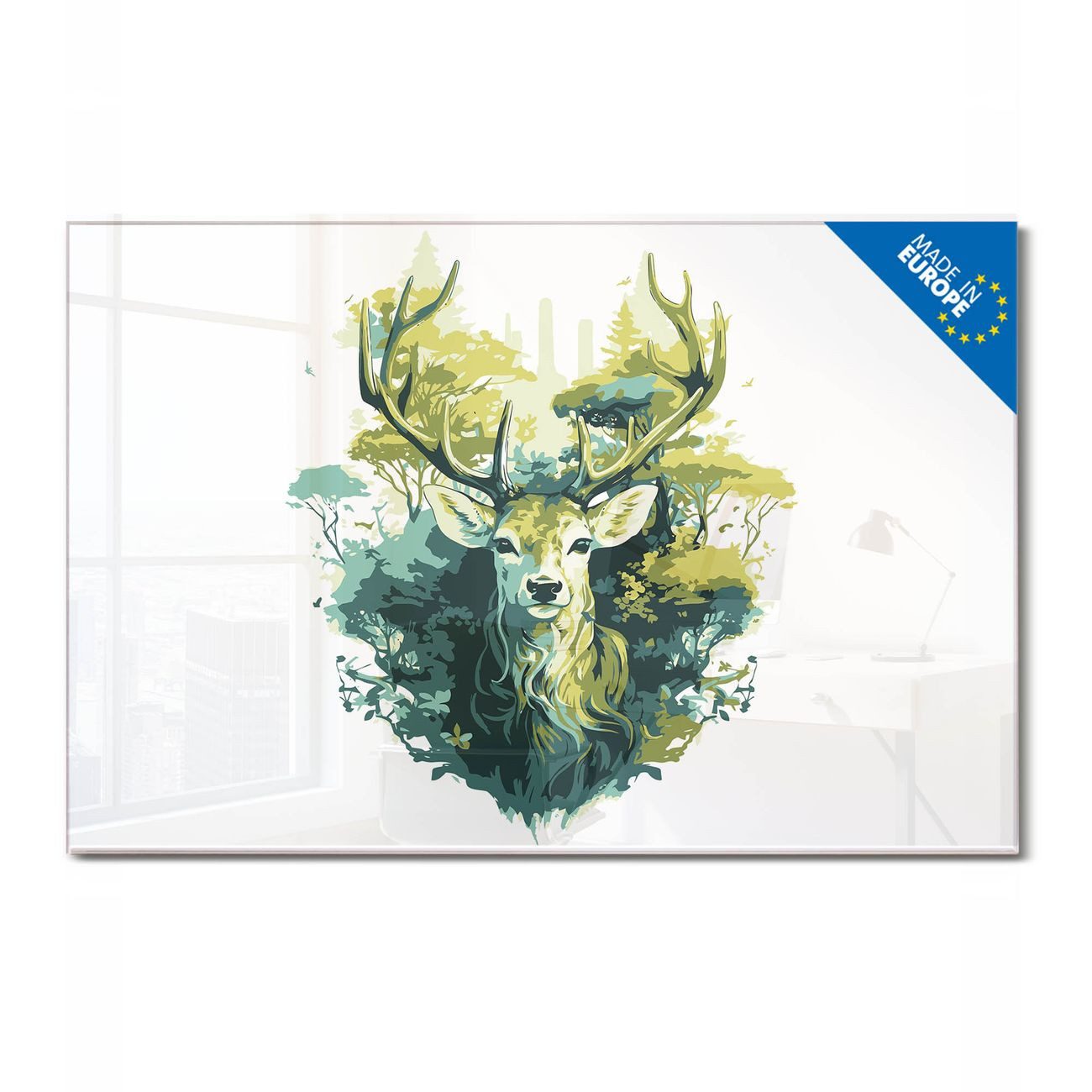 banjado Magnettafel aus Glas, mit Motiv Hirsch Wald Aquarell, (gehärtetets Glas, Glasmagnettafel)