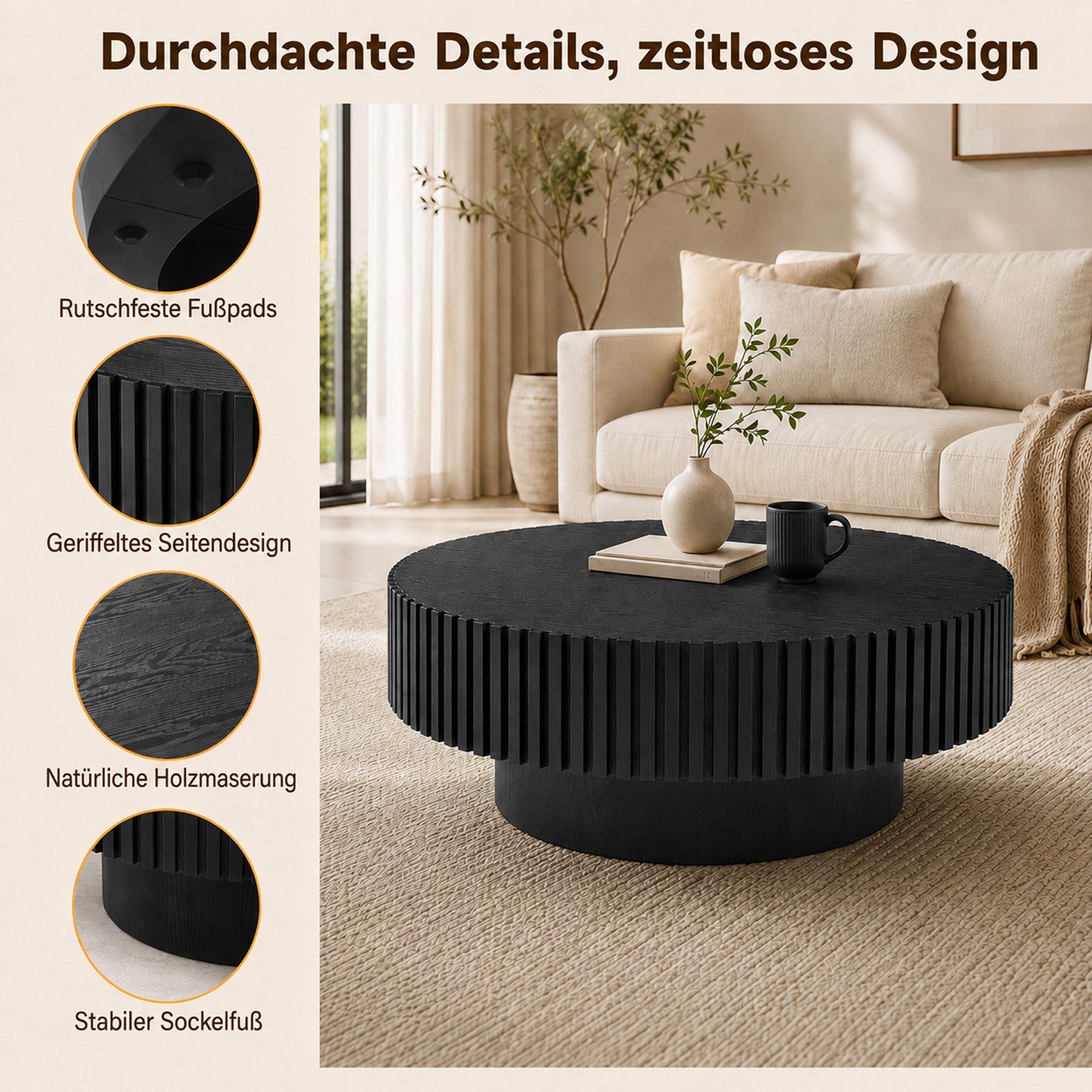 PEALOV Couchtisch Ø 80 × H 35 cm mit Rillenoptik (1-St), Moderner Sofatisch in Holzoptik für Wohnzimmer und Lounge – Bild 5 von 5