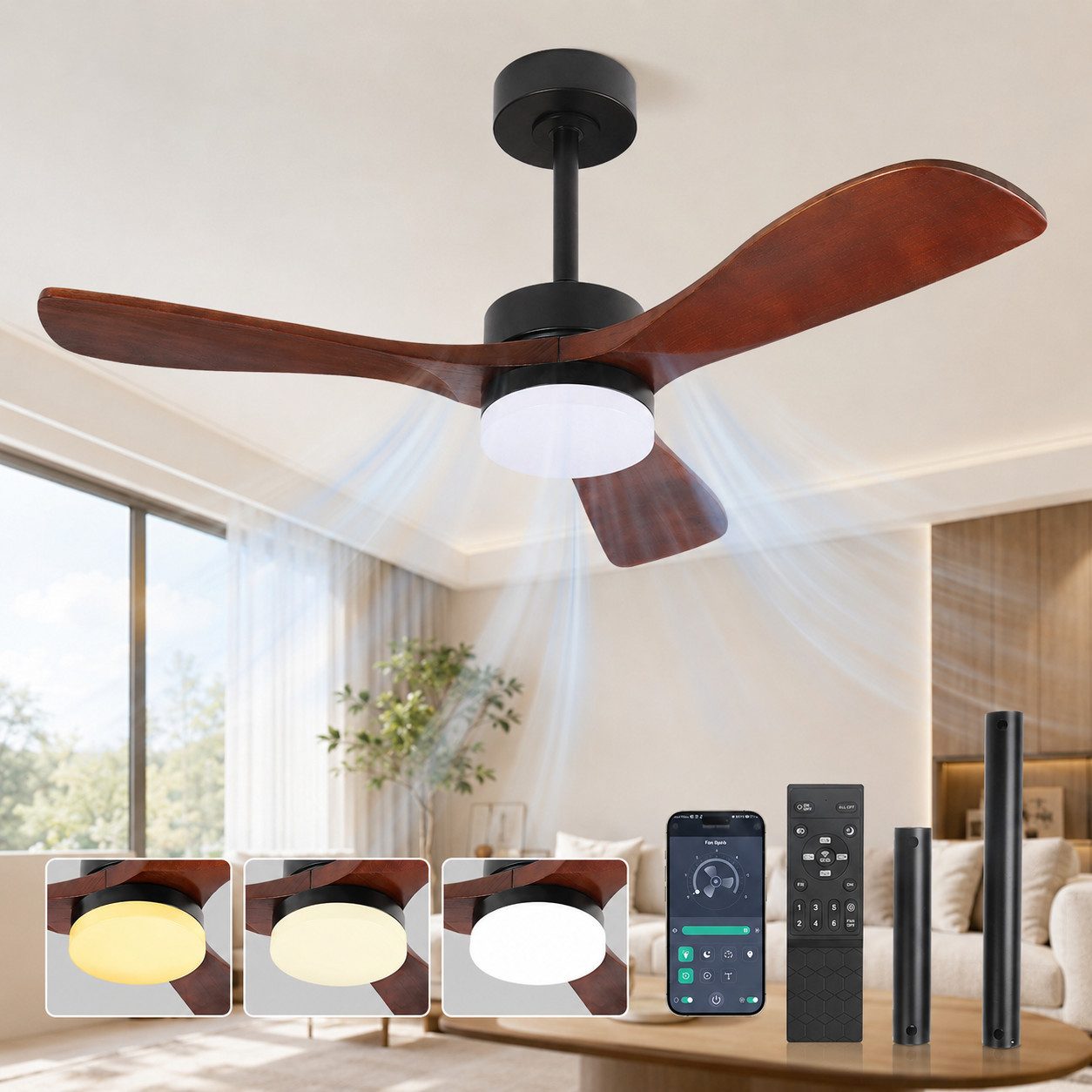Lapamax Deckenventilator mit Beleuchtung, 132CM, Holzflügel Ventilator, Dimmbar, Leise, Timer, Höhenverstellbar, 6 Geschwindigkeiten, 3 Farbtemperaturen