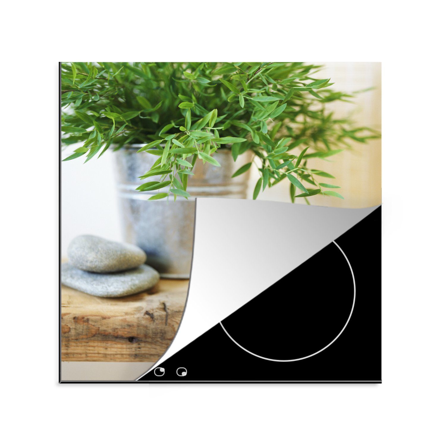 MuchoWow Herdblende-/Abdeckplatte Metallbehälter mit Estragonpflanzen auf einem Holztisch, Vinyl, (1 tlg), 78x78 cm, Ceranfeldabdeckung, Arbeitsplatte für küche