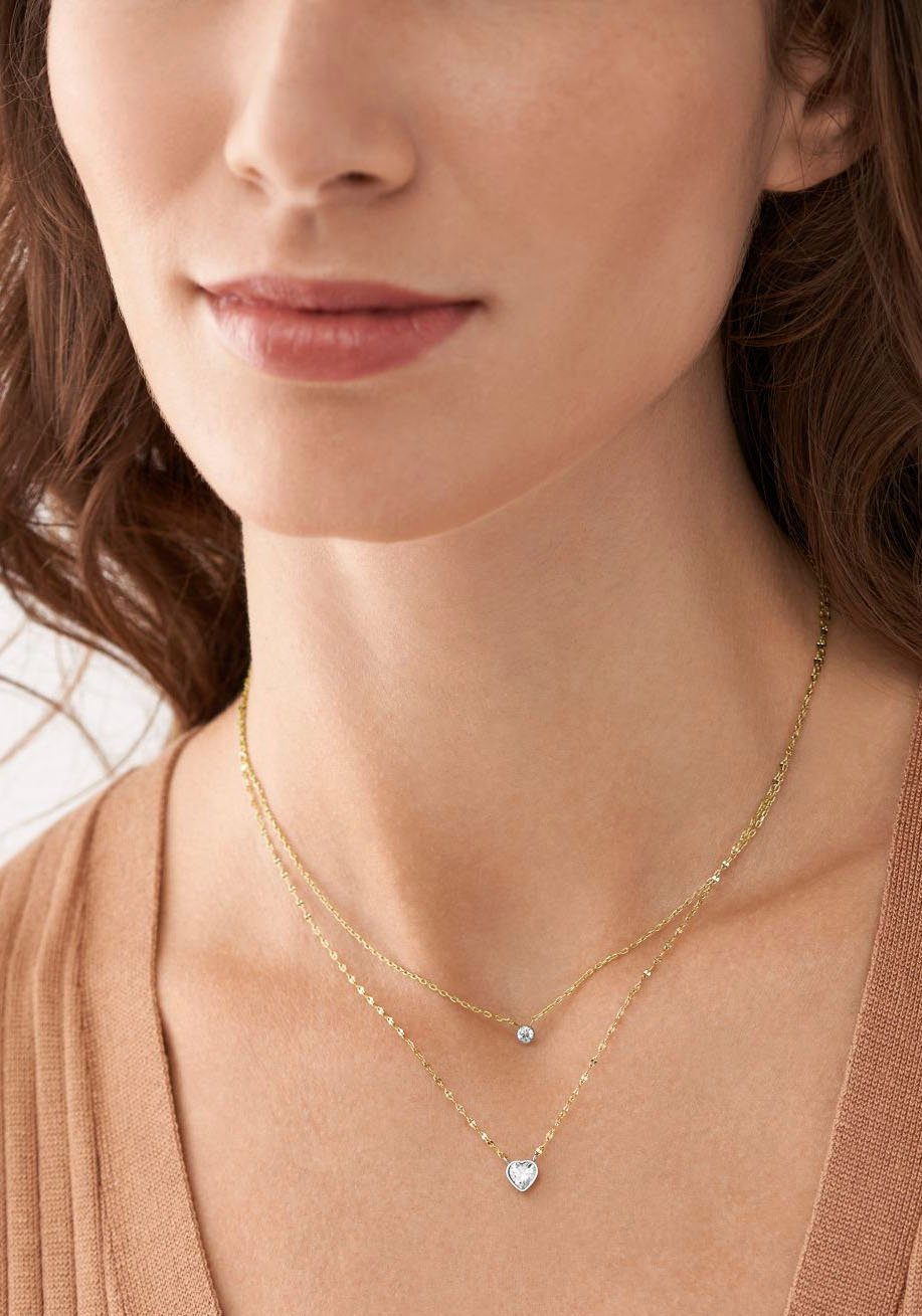 Fossil Kette mit Anhänger Schmuck Geschenk Edelstahl Halskette SADIE Kreis Herz, mit Zirkonia (synth)