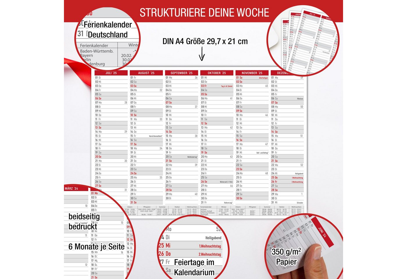 Thumbnail - TOBJA Wandkalender A4 Tafelkalender Rot 2025 3er Set, Wandkalender, Jahresplaner, Schulferien, Feiertage, Kalender 2025