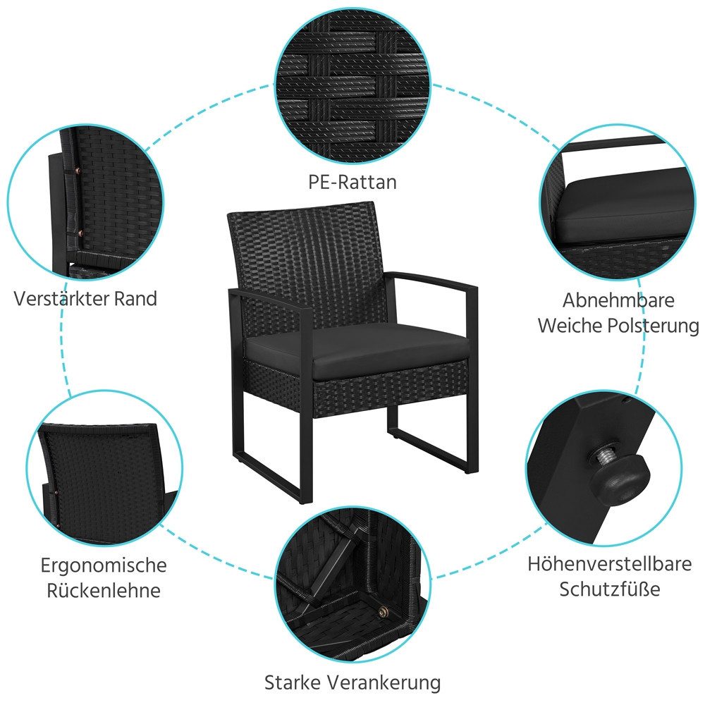 Yaheetech Balkonset 3-teilig Terrassenmöbel-Set in Rattan-Optik, Sitzgruppe mit 2 Stühle & 1 Quadratischem Beistelltisch mit Glasplatte – Bild 5 von 5
