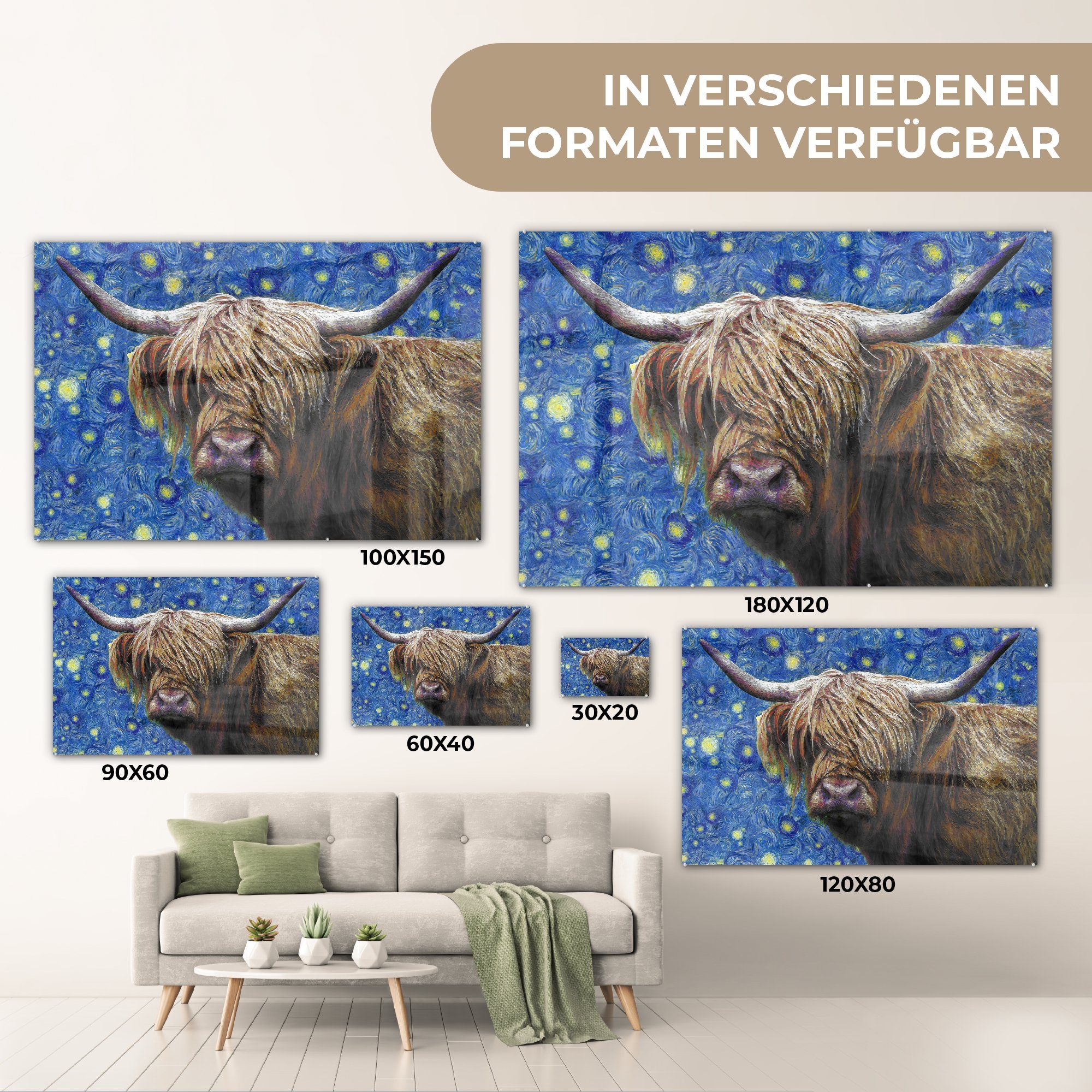 Glas Wandbild Gogh, St), - Scottish - Acrylglasbild Bilder Sternennacht (1 Foto MuchoWow - Glasbilder auf Highlander - auf Glas - Van Wanddekoration