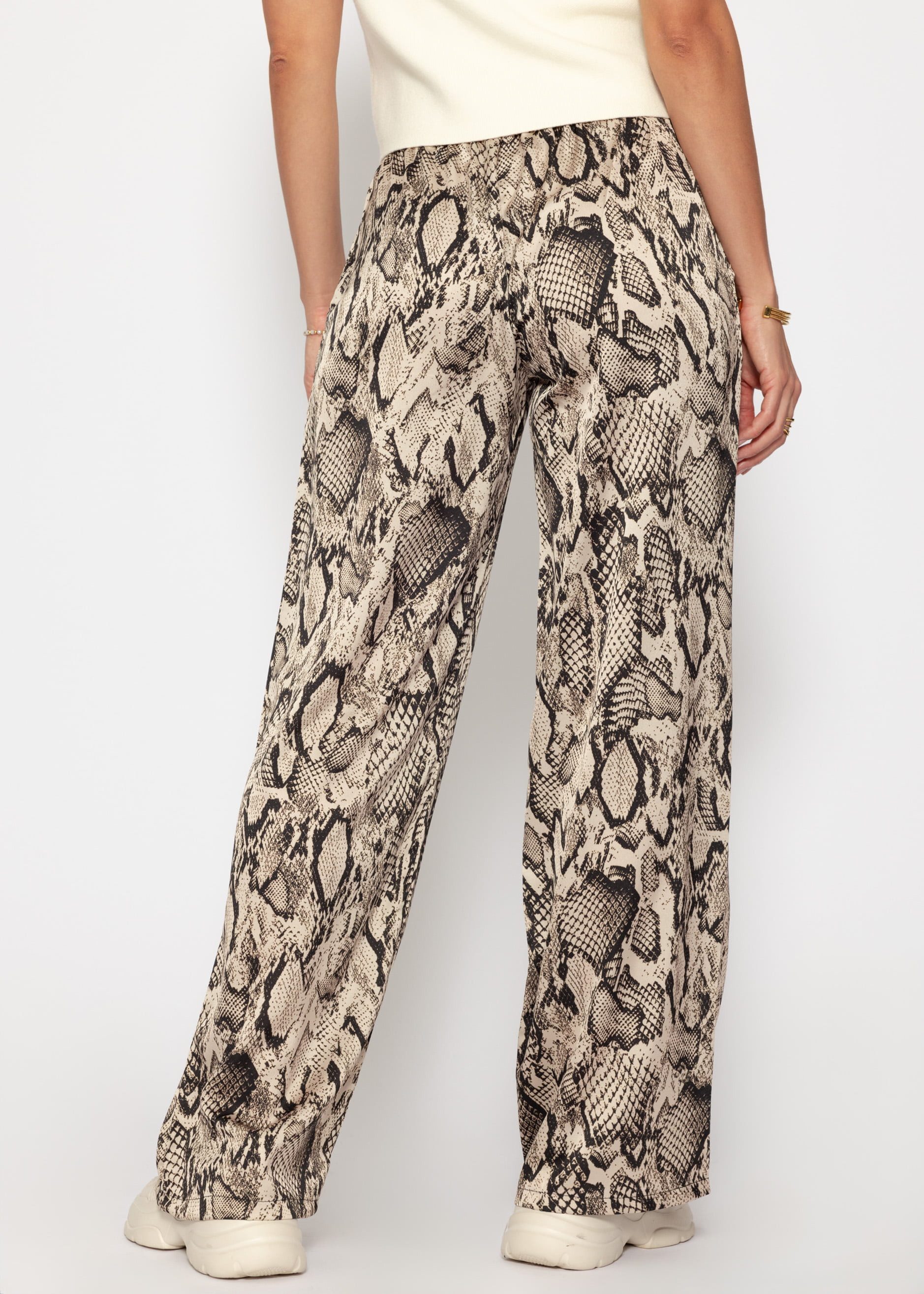 SASSYCLASSY High-Waist Satin Trousers Women's Long with Reptile Print Loose Satin Trousers in Snake Pattern with Elastic Waistband Brown