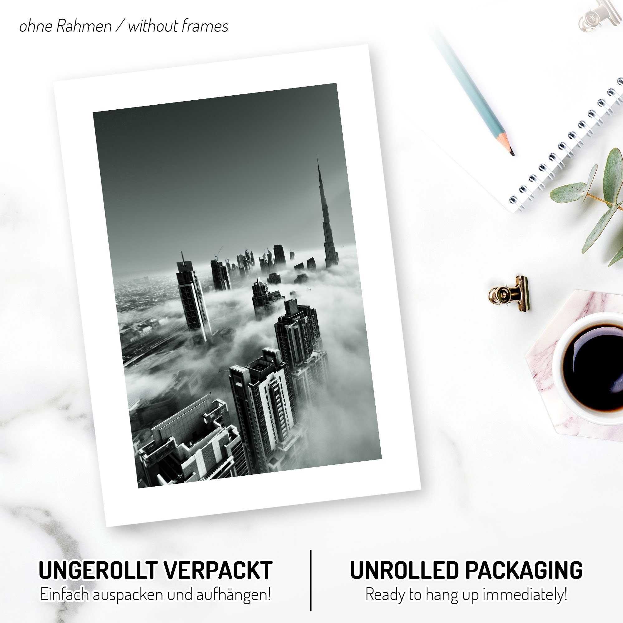 Kreative Feder Poster, Himmel, Sky, Limit, Wolken, Stadt, City, Wolkenkratzer, Inspiration (Set, 3 St), 3-teiliges Poster-Set, Wandbild, optional mit Rahmen, DIN A4 oder A3